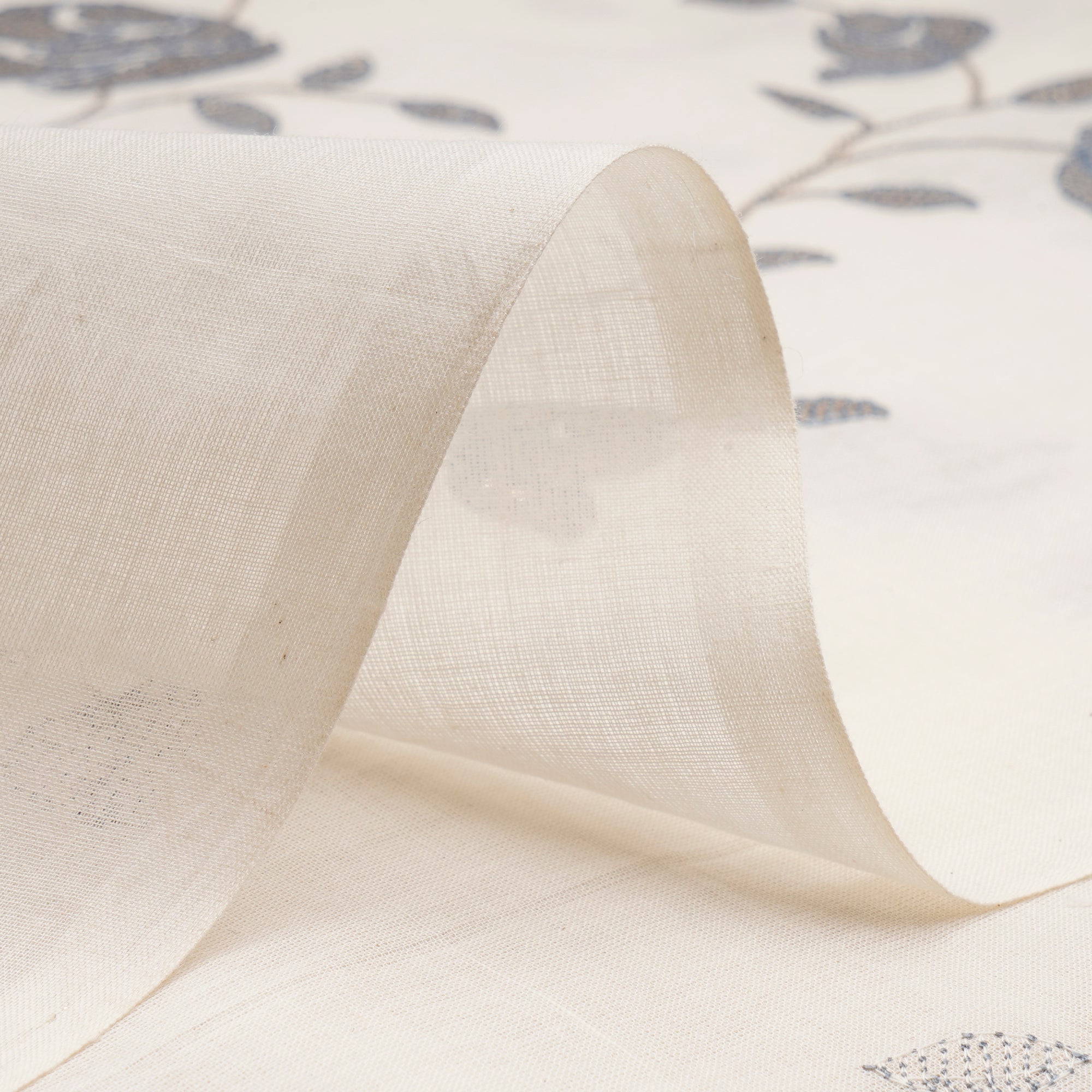 White-Grey Floral Pattern Thread Embroidered Cotton Fabric