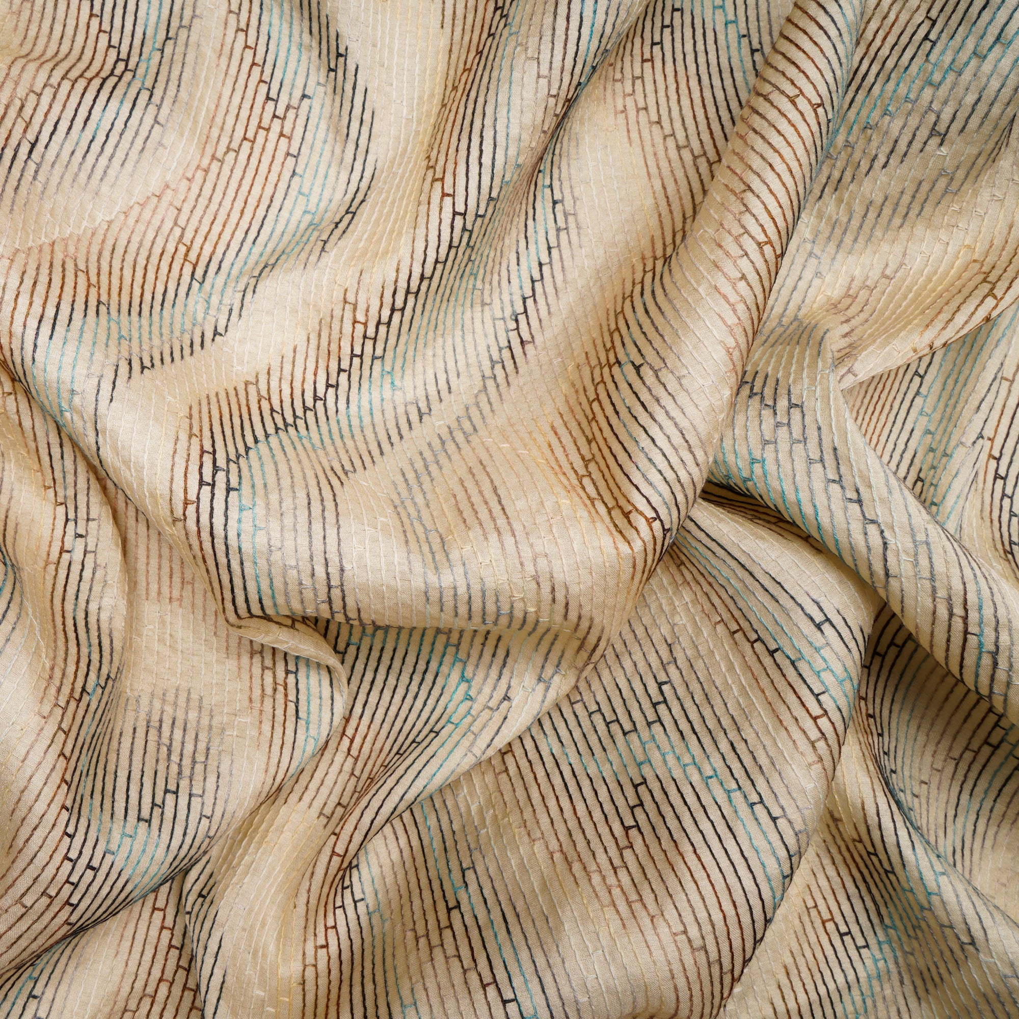 Beige-Multi Geometric Pattern Thread Embroidered Viscose Tusser Fabric