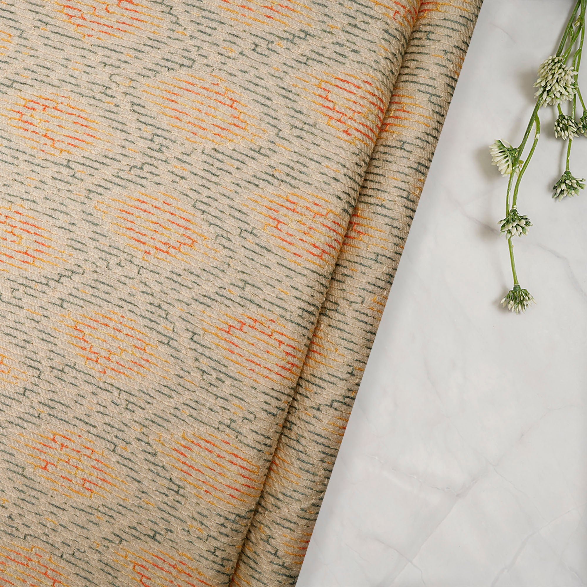 Beige- Multi Geometric Pattern Thread Embroidered Viscose Tusser Fabric