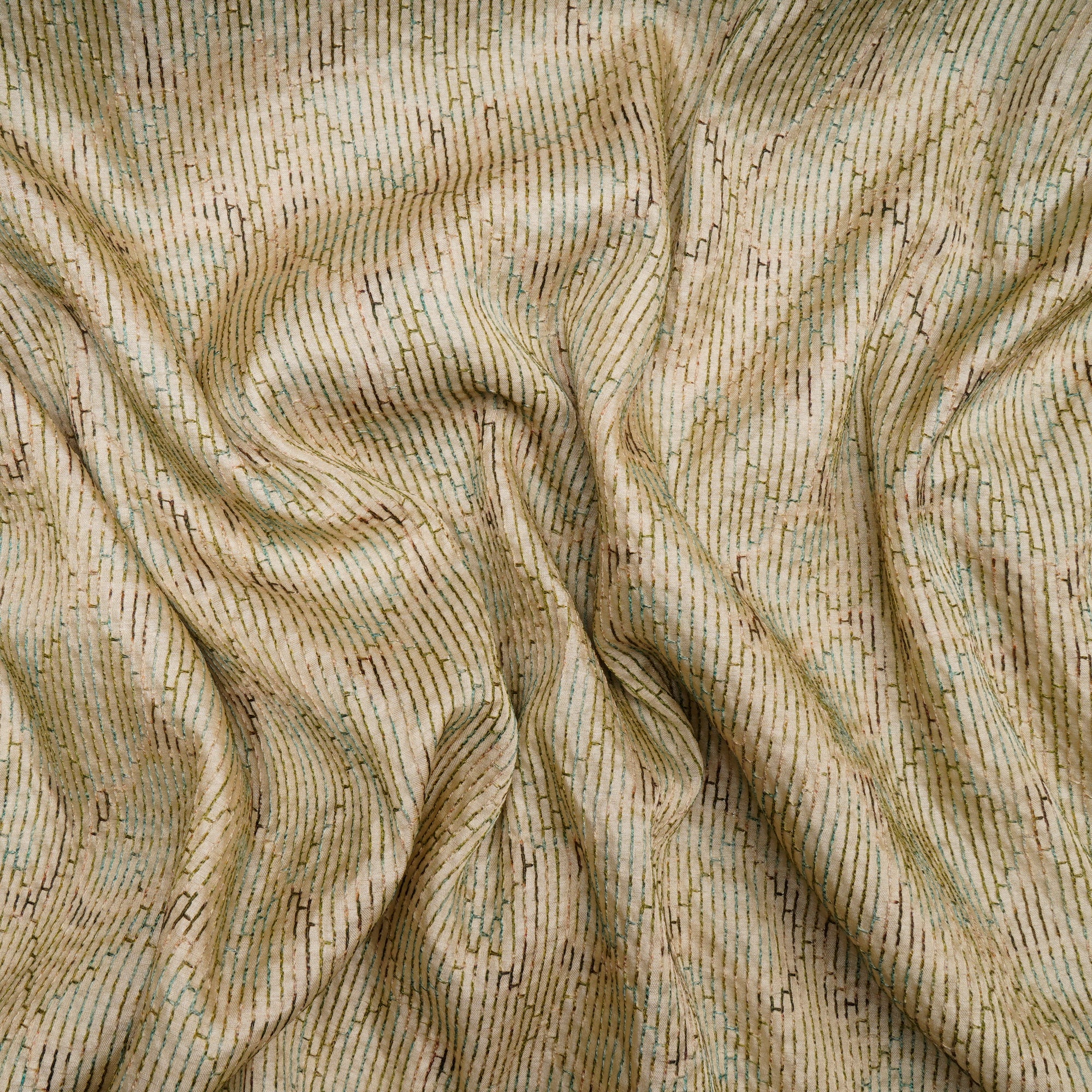 Beige-Green Geometric Pattern Thread Embroidered Viscose Tusser Fabric