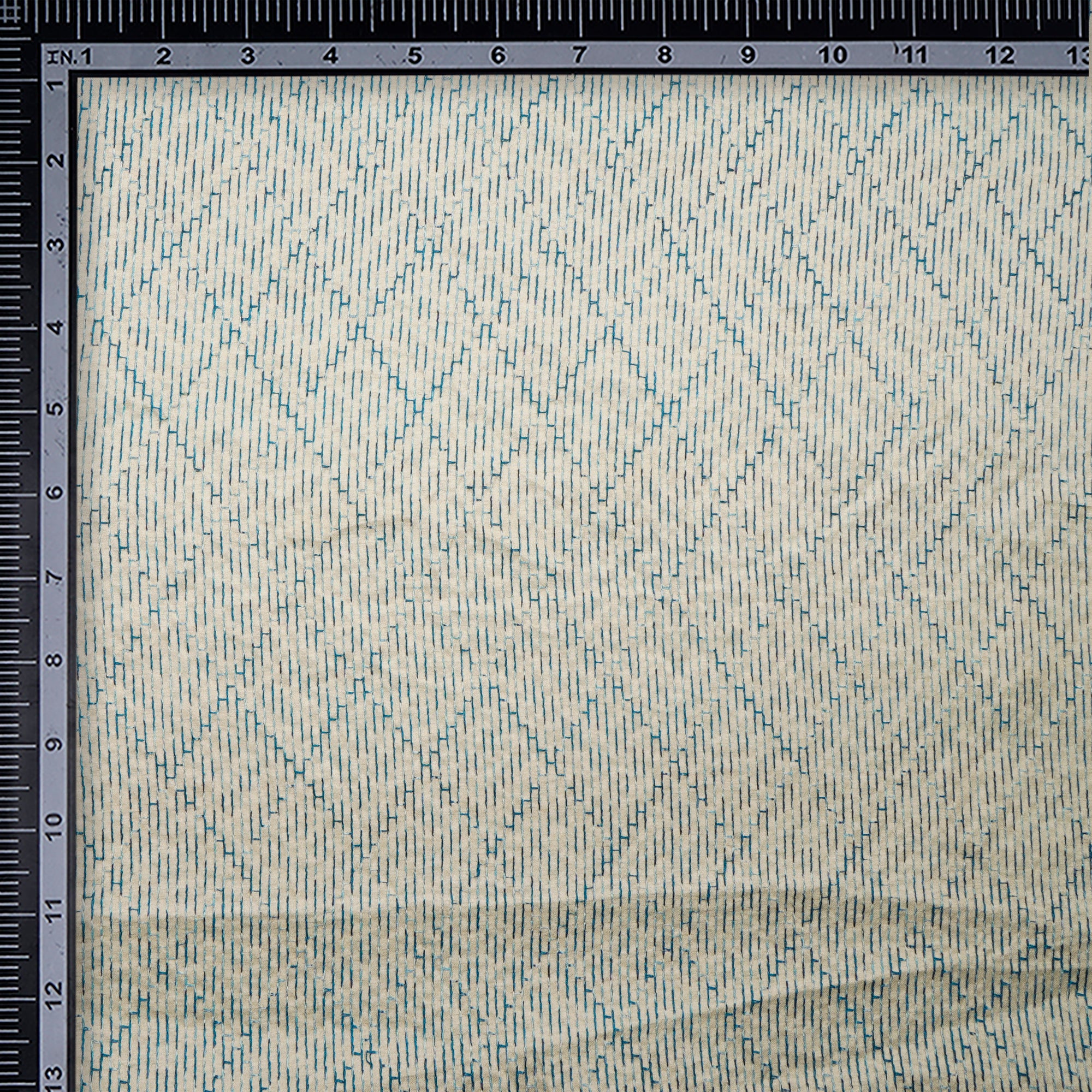 Beige-Blue Geometric Pattern Thread Embroidered Viscose Tusser Fabric