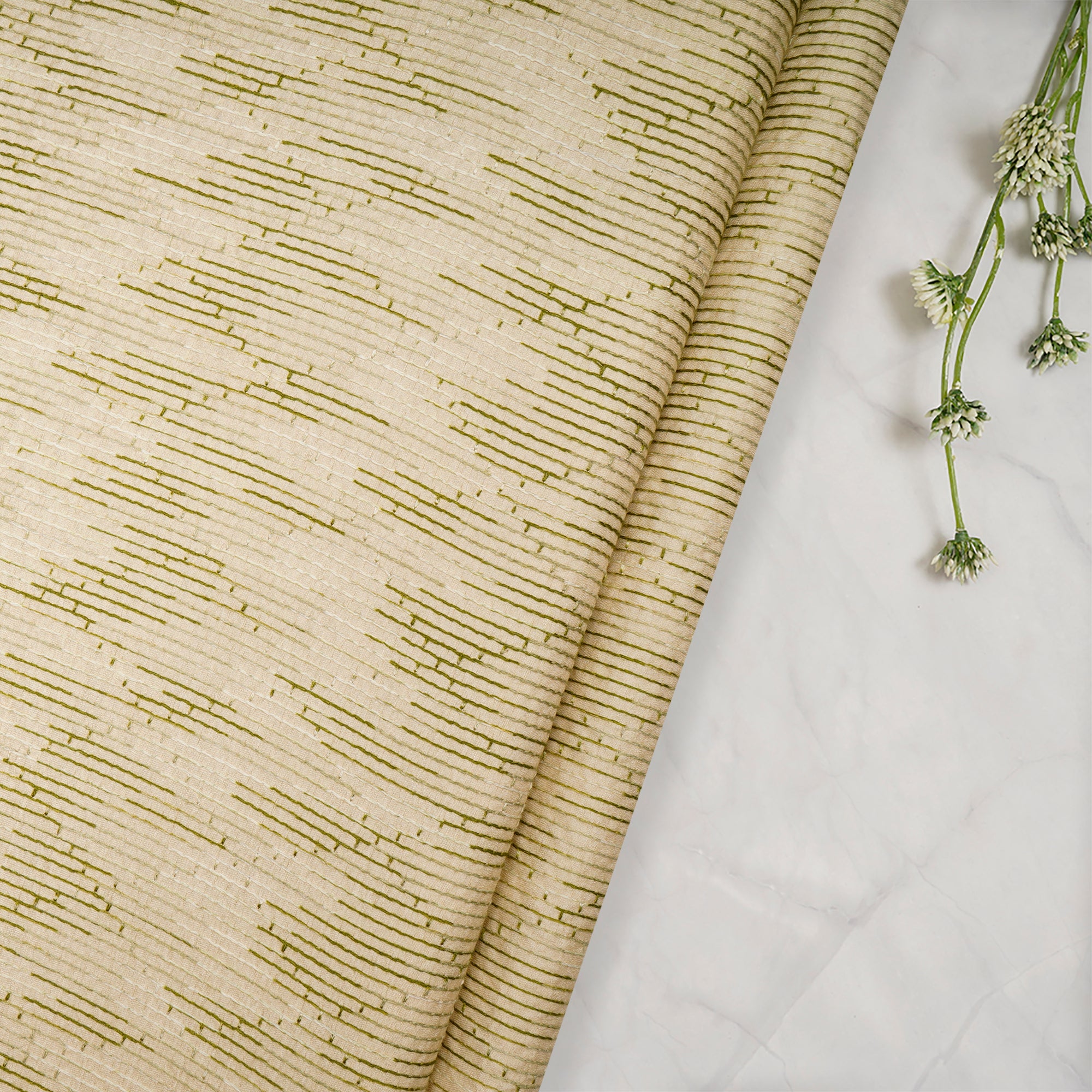 Beige-Green Geometric Pattern Thread Embroidered Viscose Tusser Fabric
