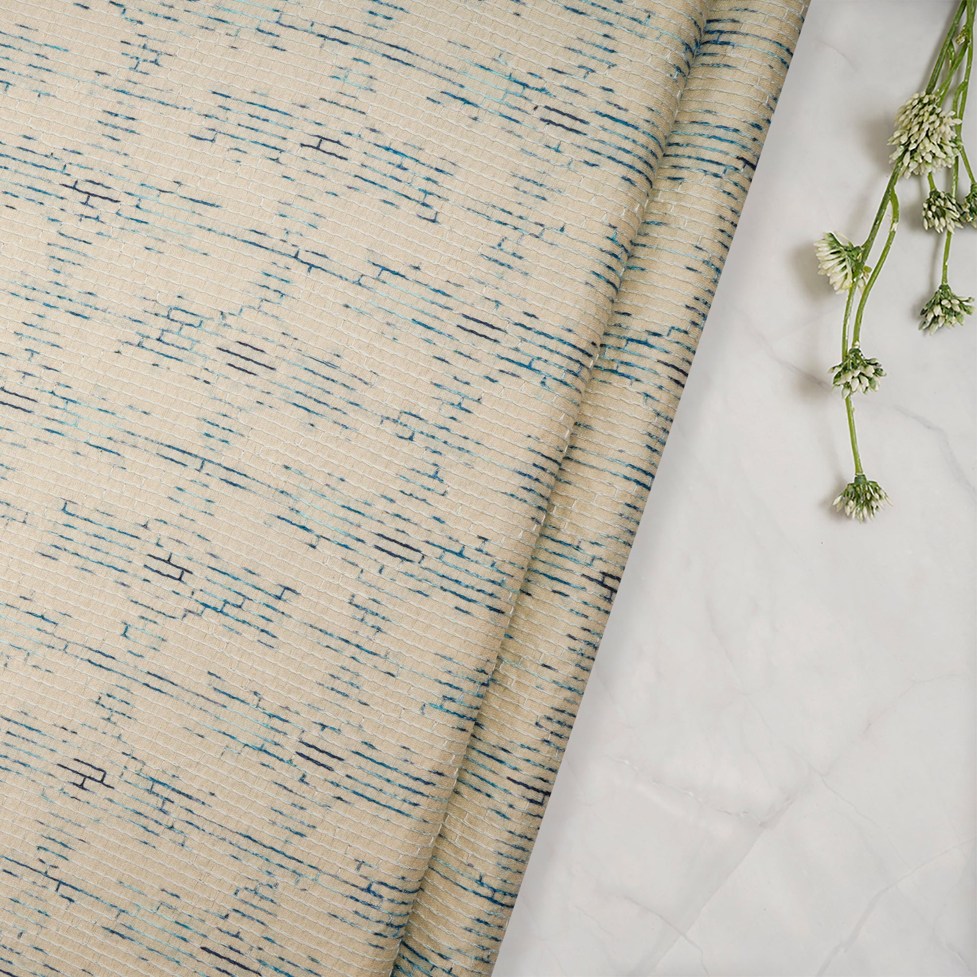 Beige- Blue Geometric Pattern Thread Embroidered Viscose Tusser Fabric