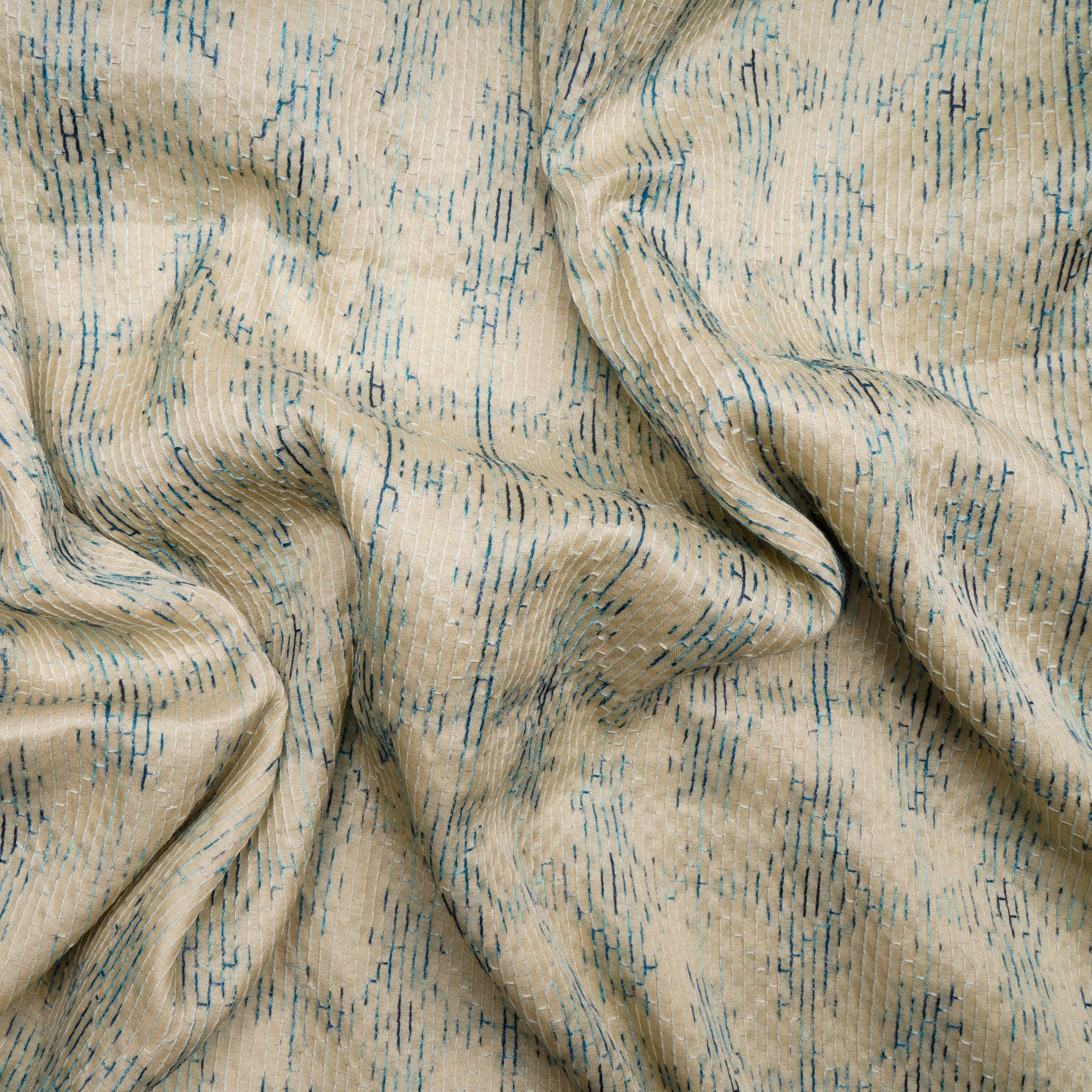 Beige- Blue Geometric Pattern Thread Embroidered Viscose Tusser Fabric