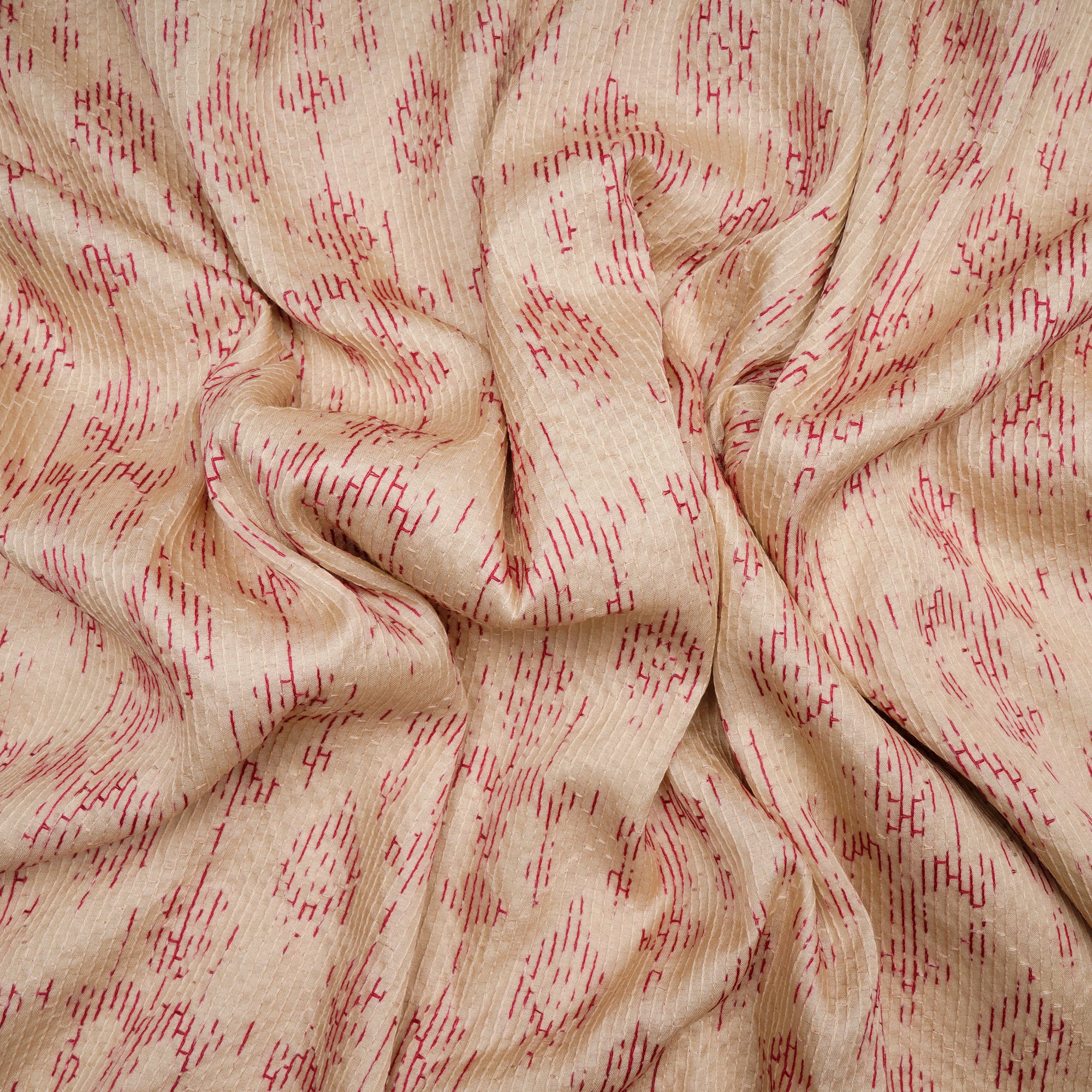 Beige-Dark Pink Geometric Pattern Thread Embroidered Viscose Tusser Fabric