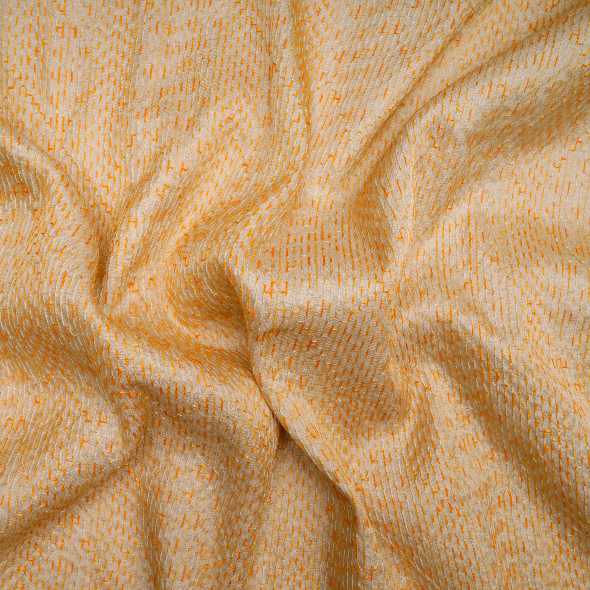 Beige-Yellow Geometric Pattern Thread Embroidered Viscose Tusser Fabric