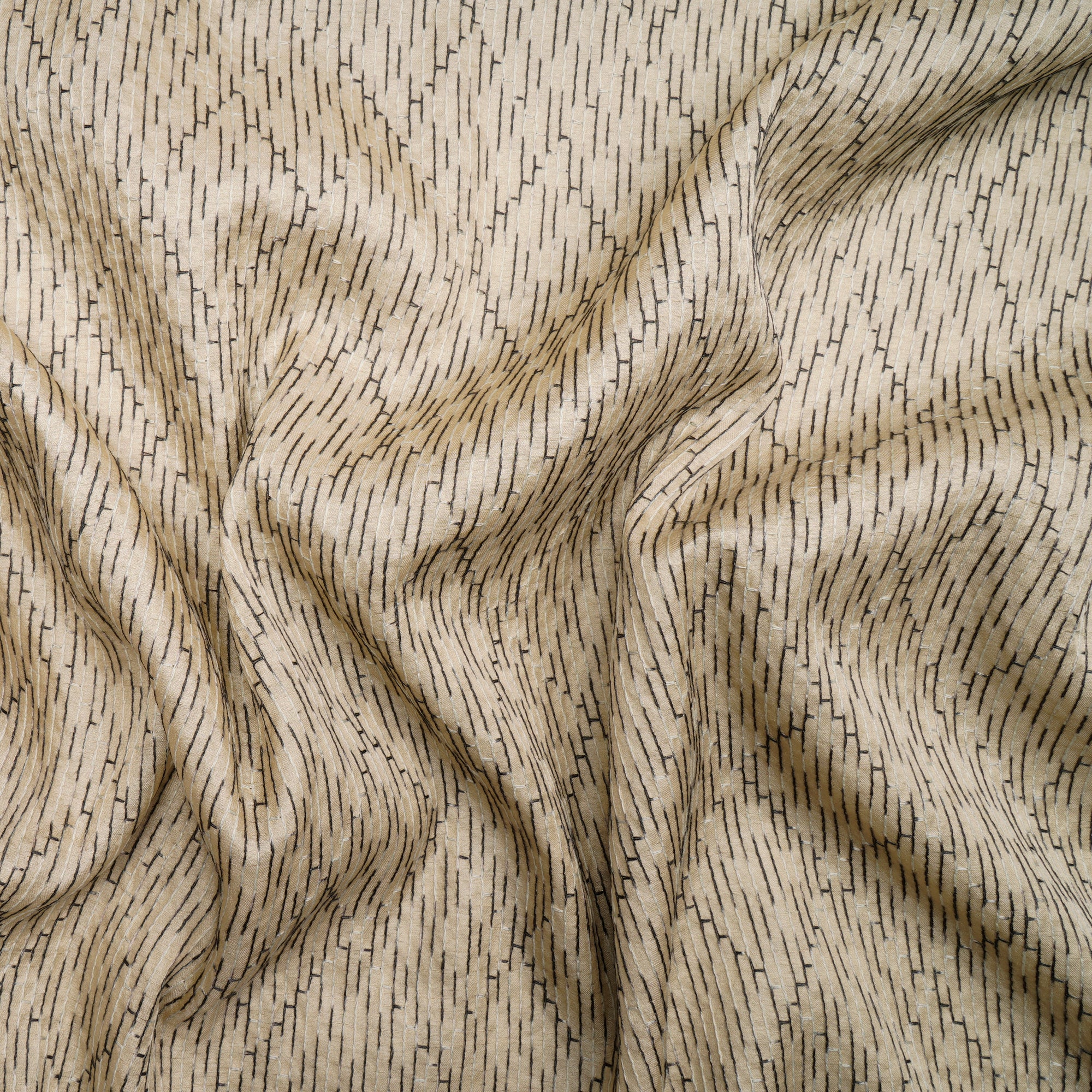 Beige-Black Geometric Pattern Thread Embroidered Viscose Tusser Fabric
