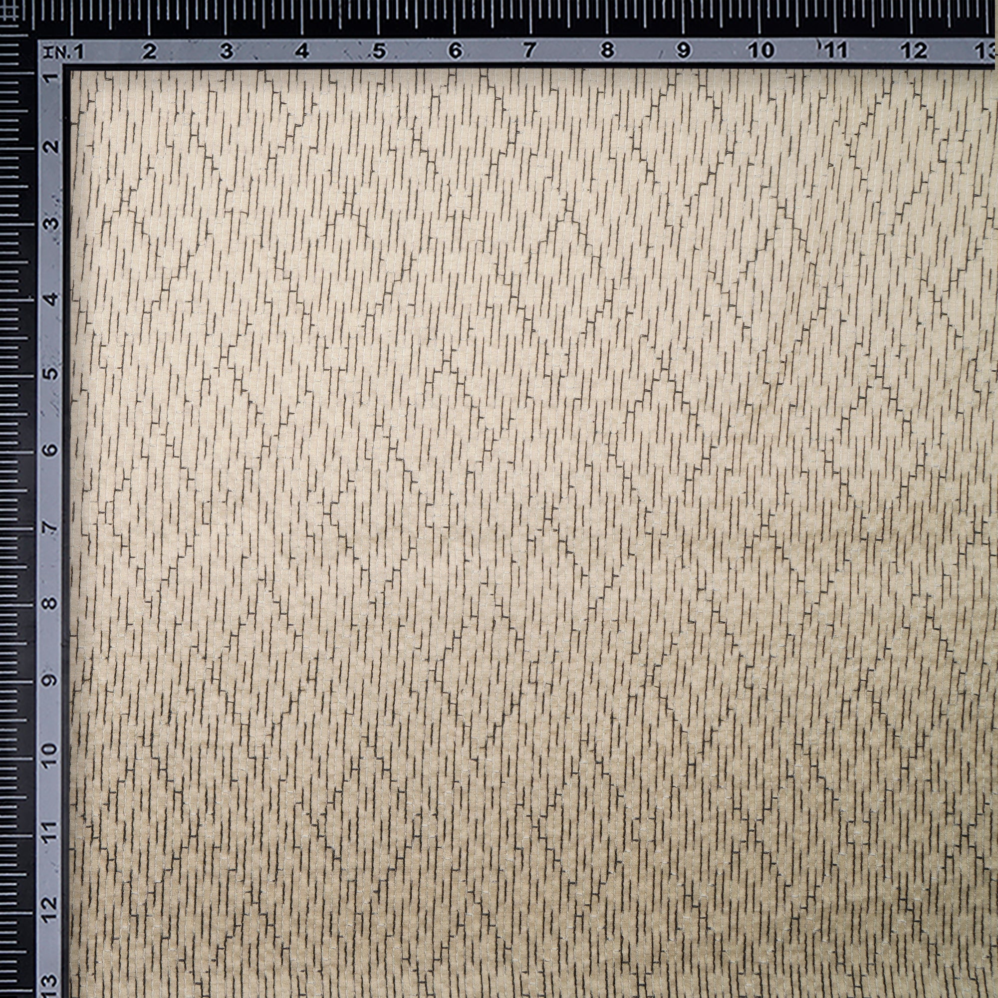 Beige-Black Geometric Pattern Thread Embroidered Viscose Tusser Fabric