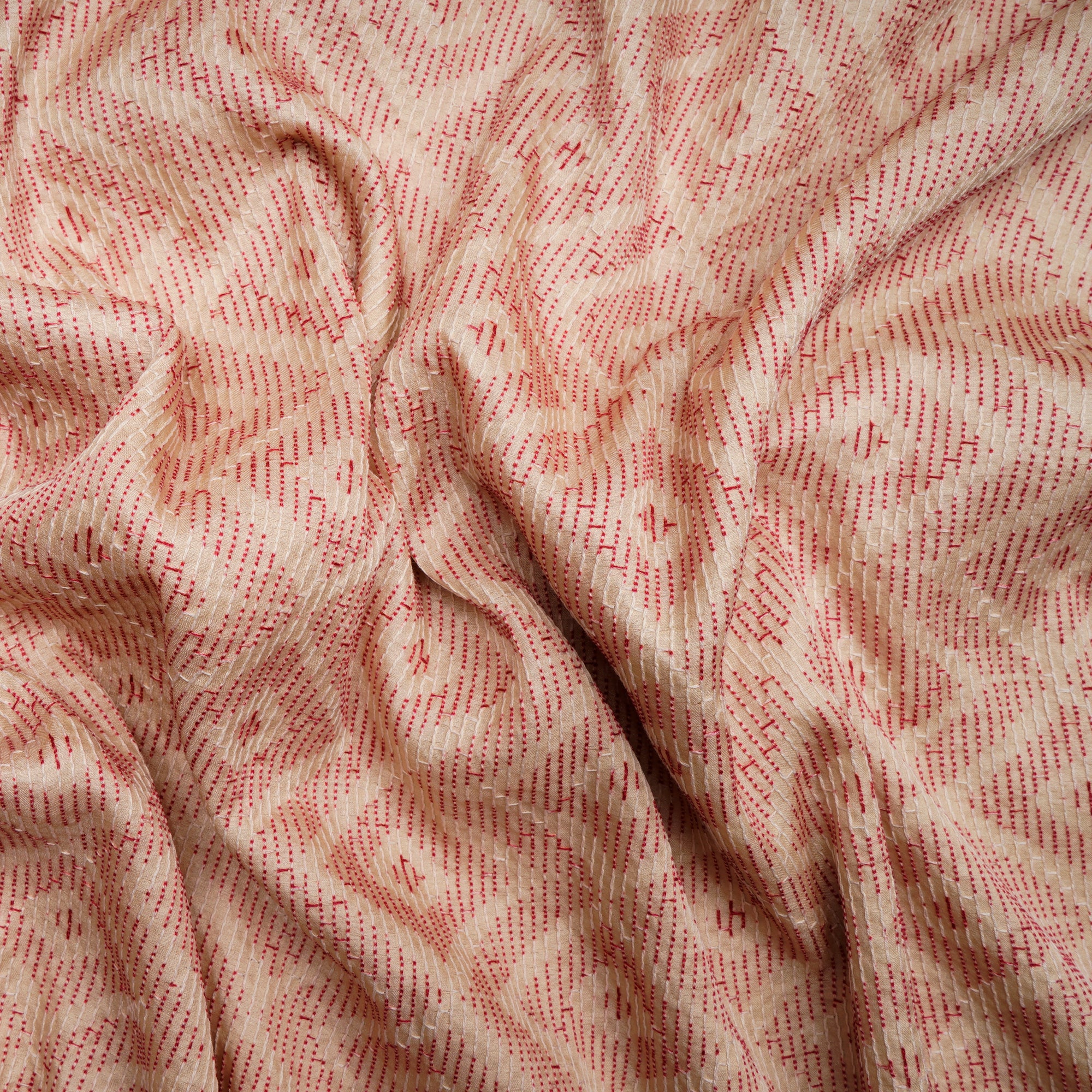 Beige-Pink Geometric Pattern Thread Embroidered Viscose Tusser Fabric