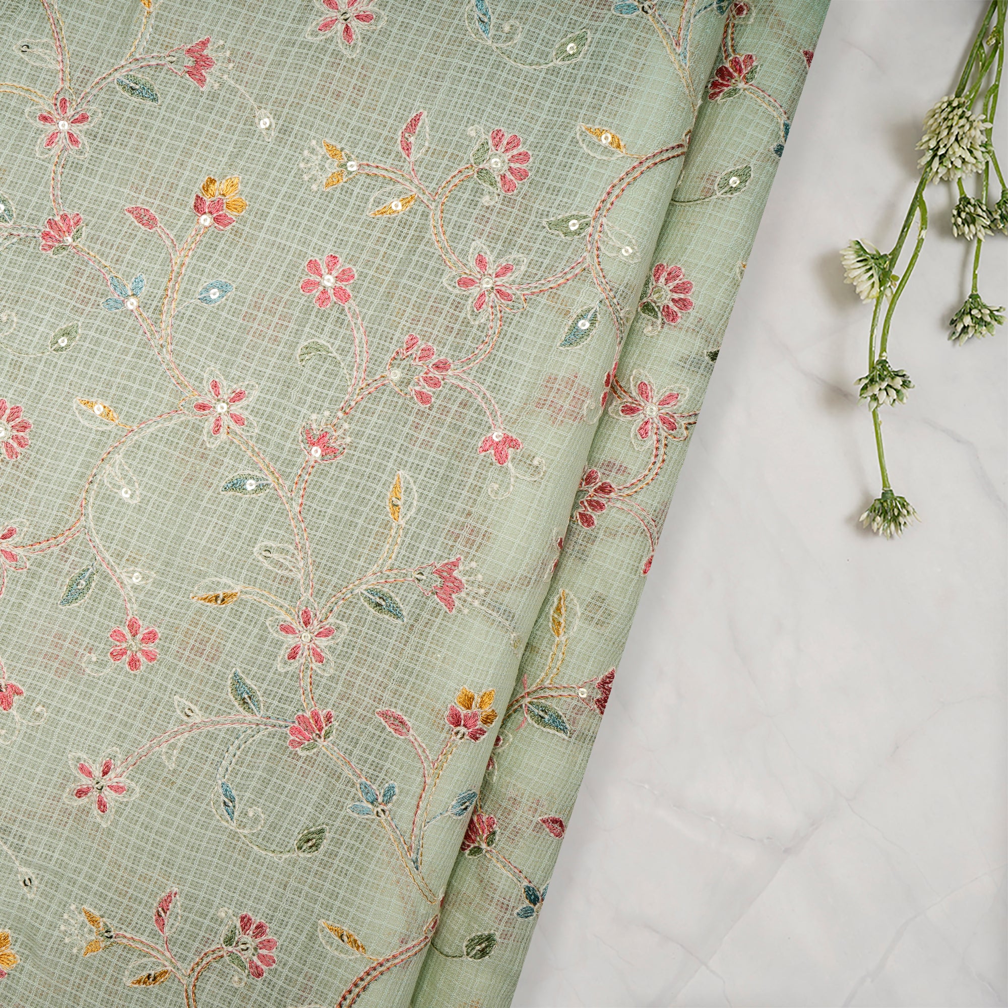 Mint Green Floral Pattern Thread Embroidered Kota Chanderi Silk Fabric