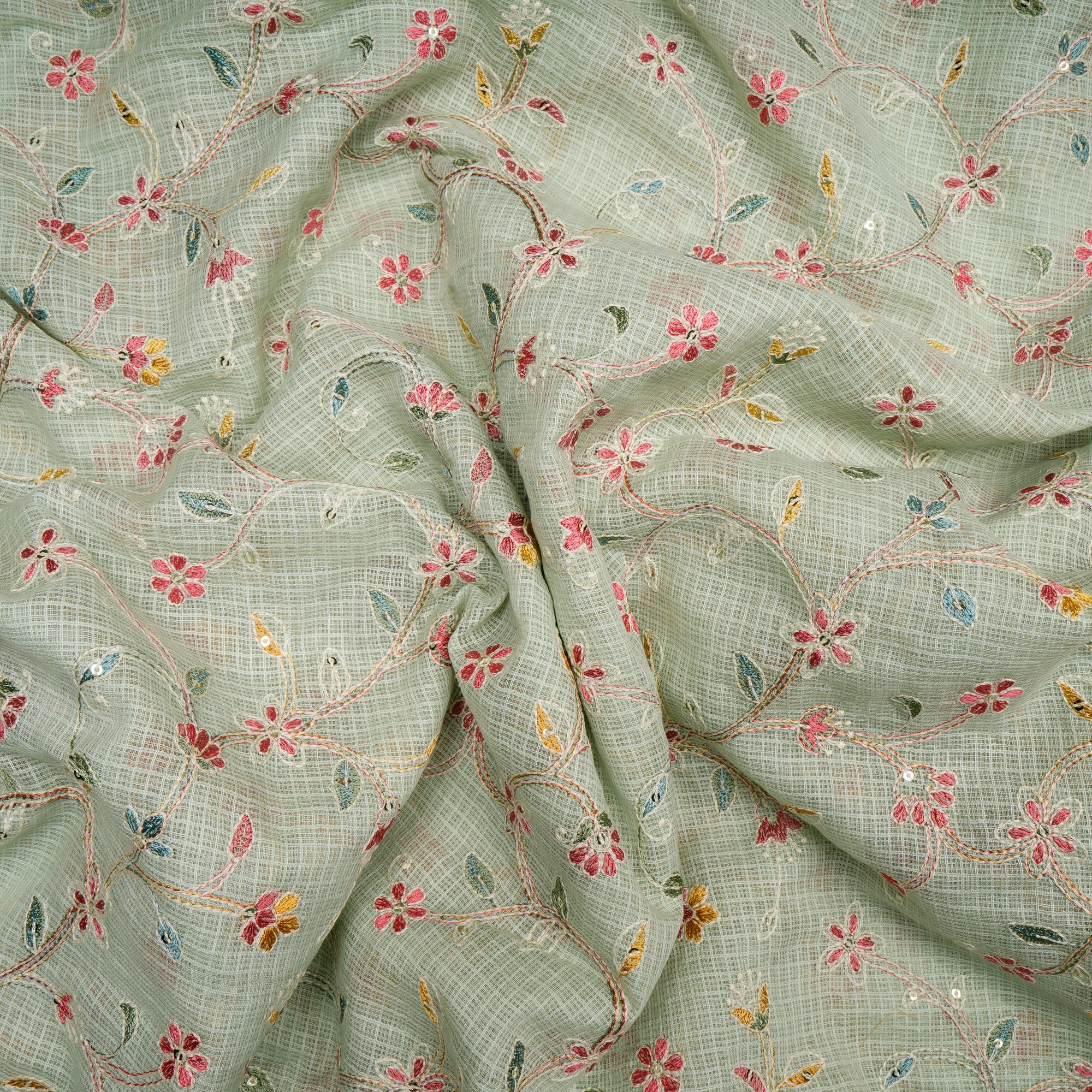 Mint Green Floral Pattern Thread Embroidered Kota Chanderi Silk Fabric