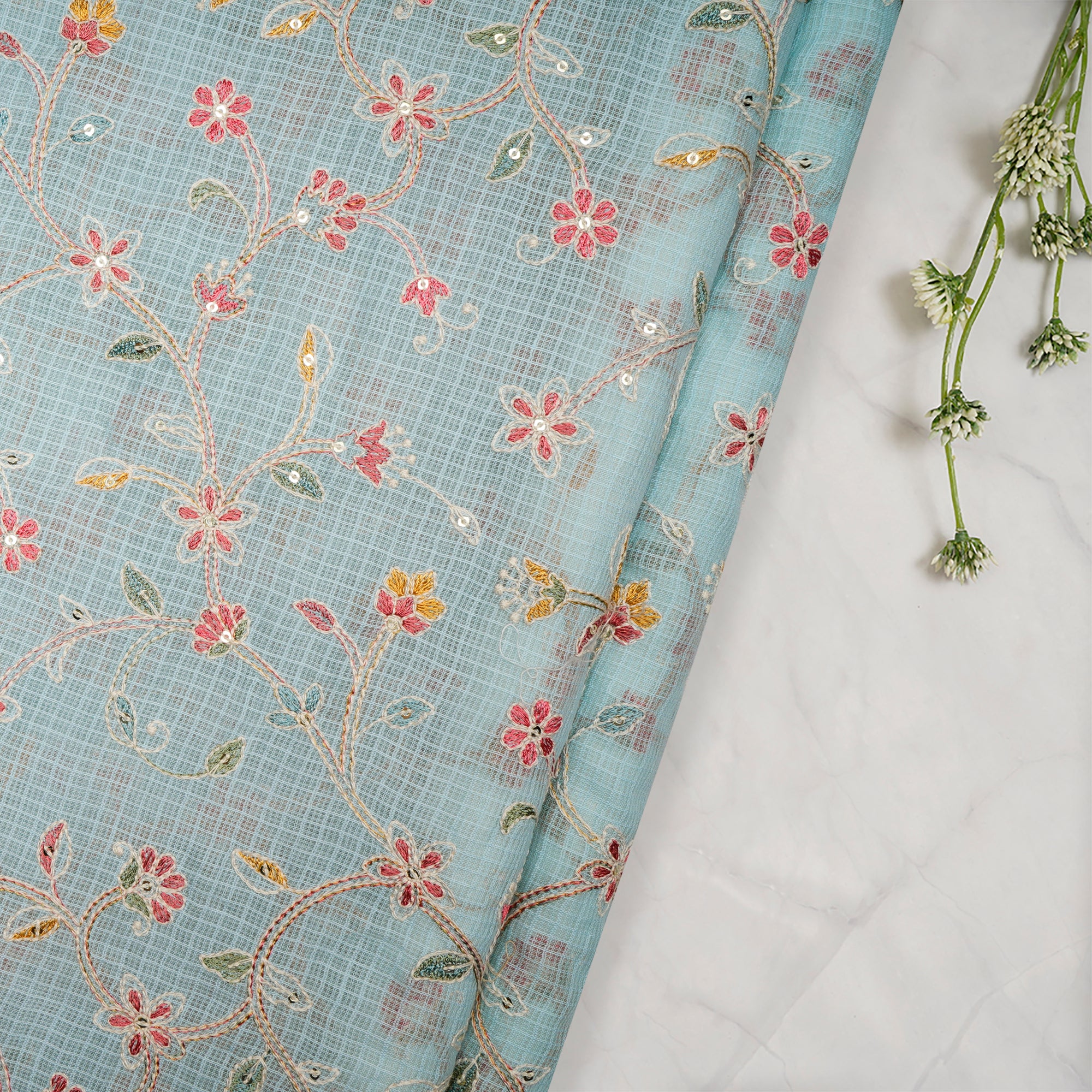 Ice Blue Floral Pattern Thread Embroidered Kota Chanderi Silk Fabric