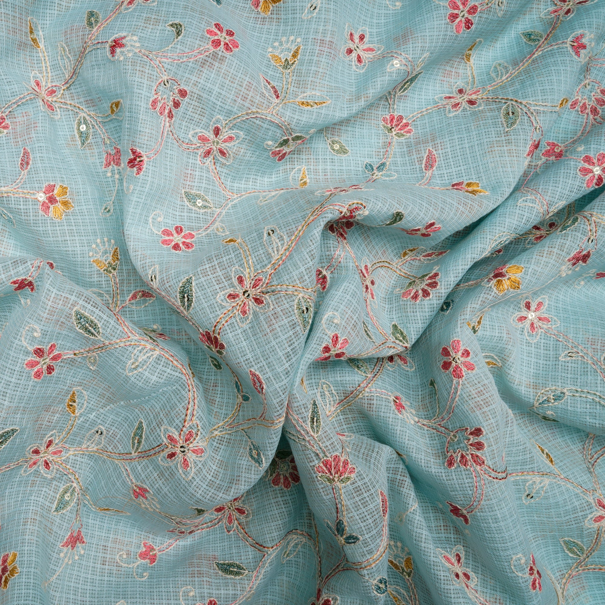 Ice Blue Floral Pattern Thread Embroidered Kota Chanderi Silk Fabric