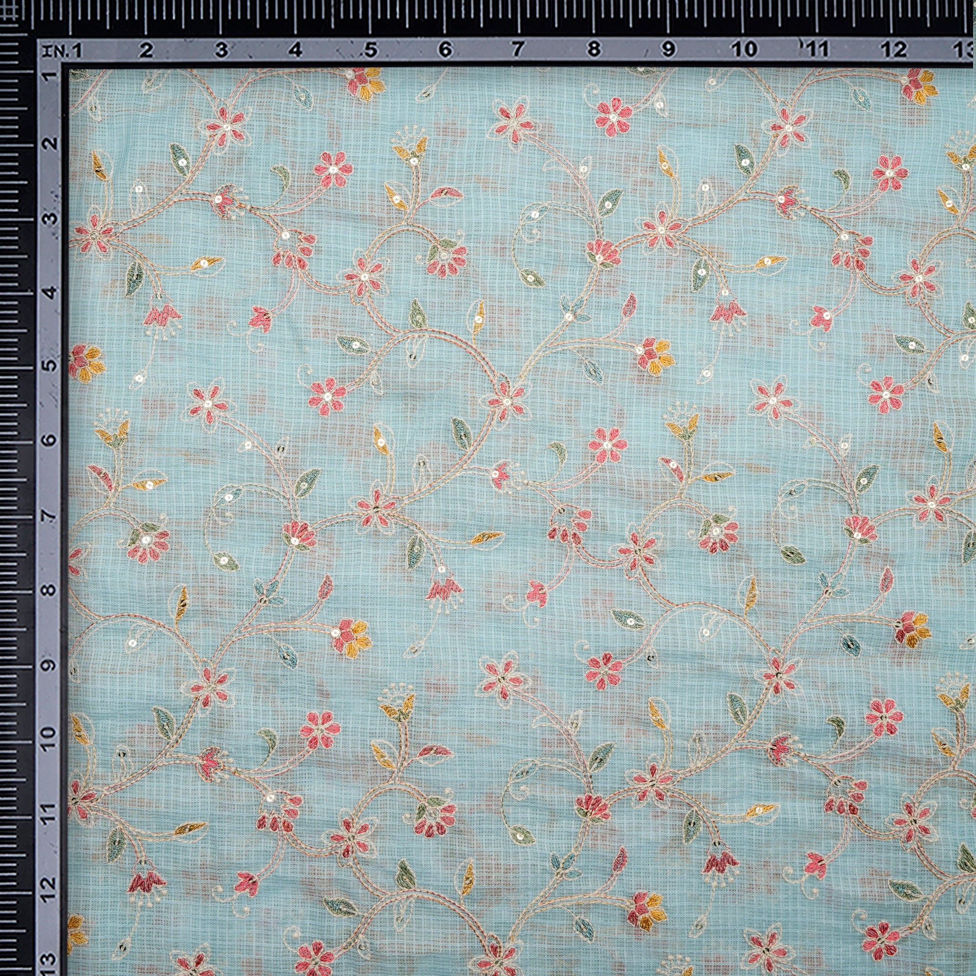 Ice Blue Floral Pattern Thread Embroidered Kota Chanderi Silk Fabric