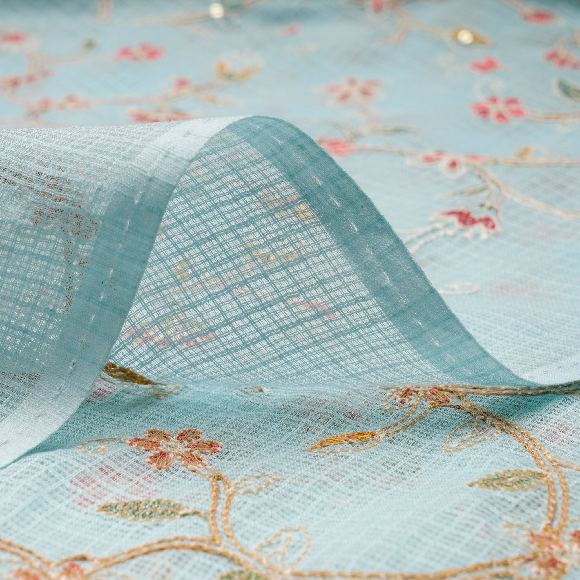 Ice Blue Floral Pattern Thread Embroidered Kota Chanderi Silk Fabric