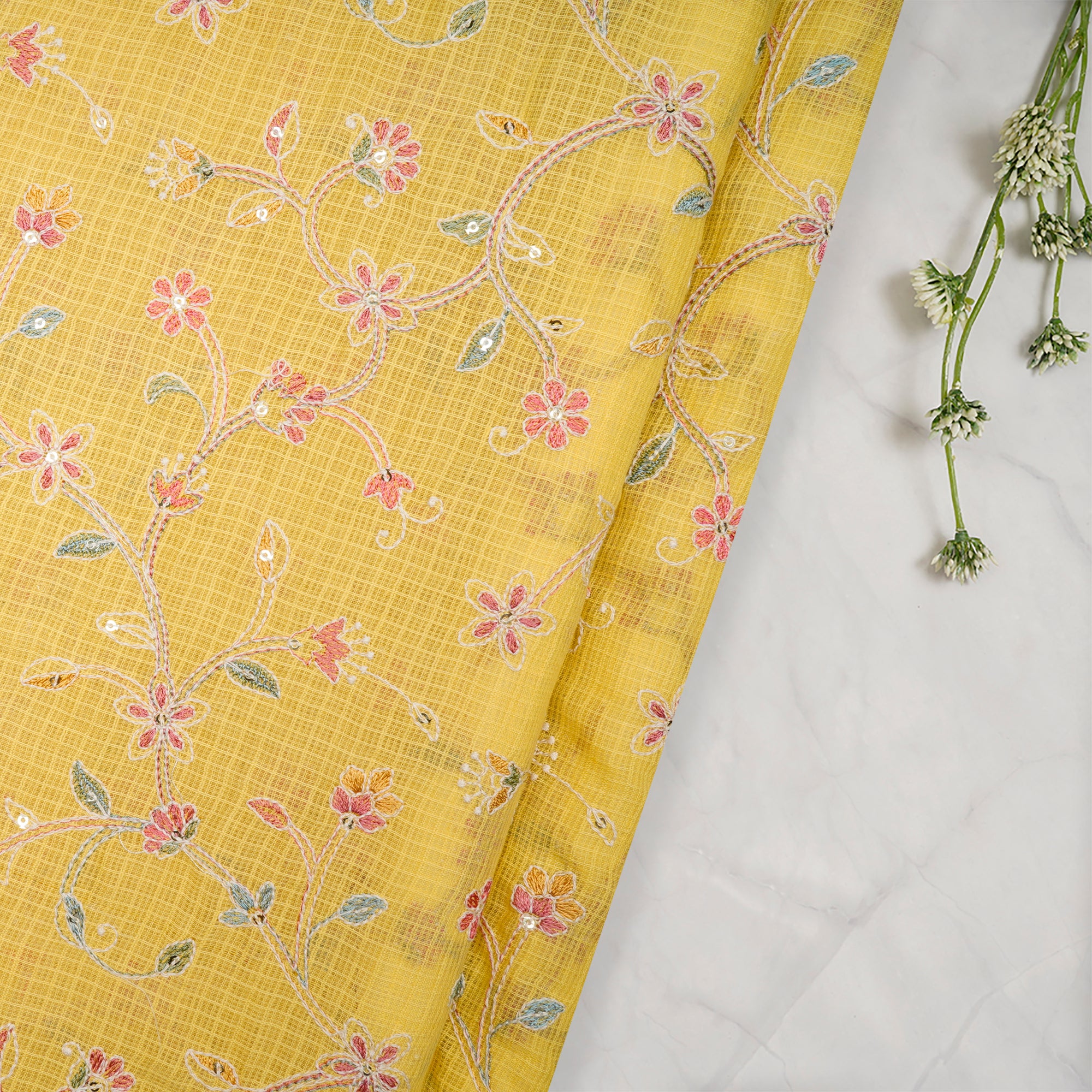 Light Yellow Floral Pattern Thread Embroidered Kota Chanderi Silk Fabric