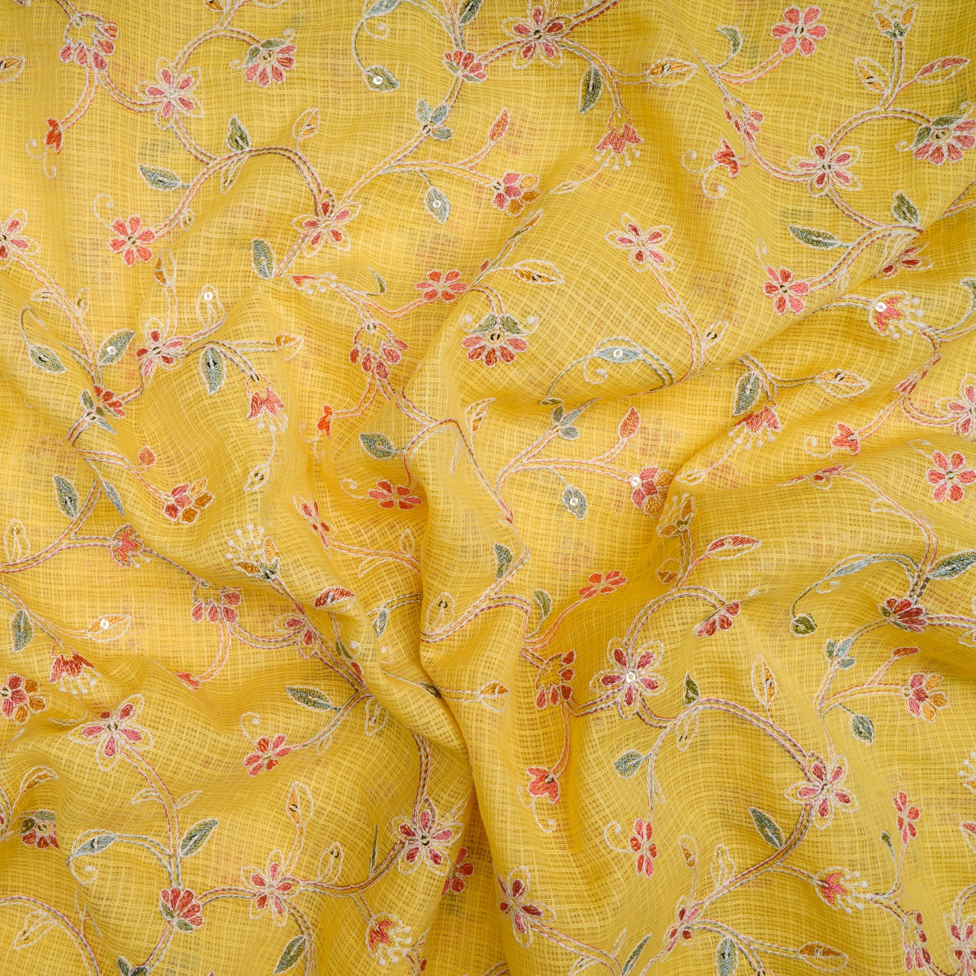 Light Yellow Floral Pattern Thread Embroidered Kota Chanderi Silk Fabric