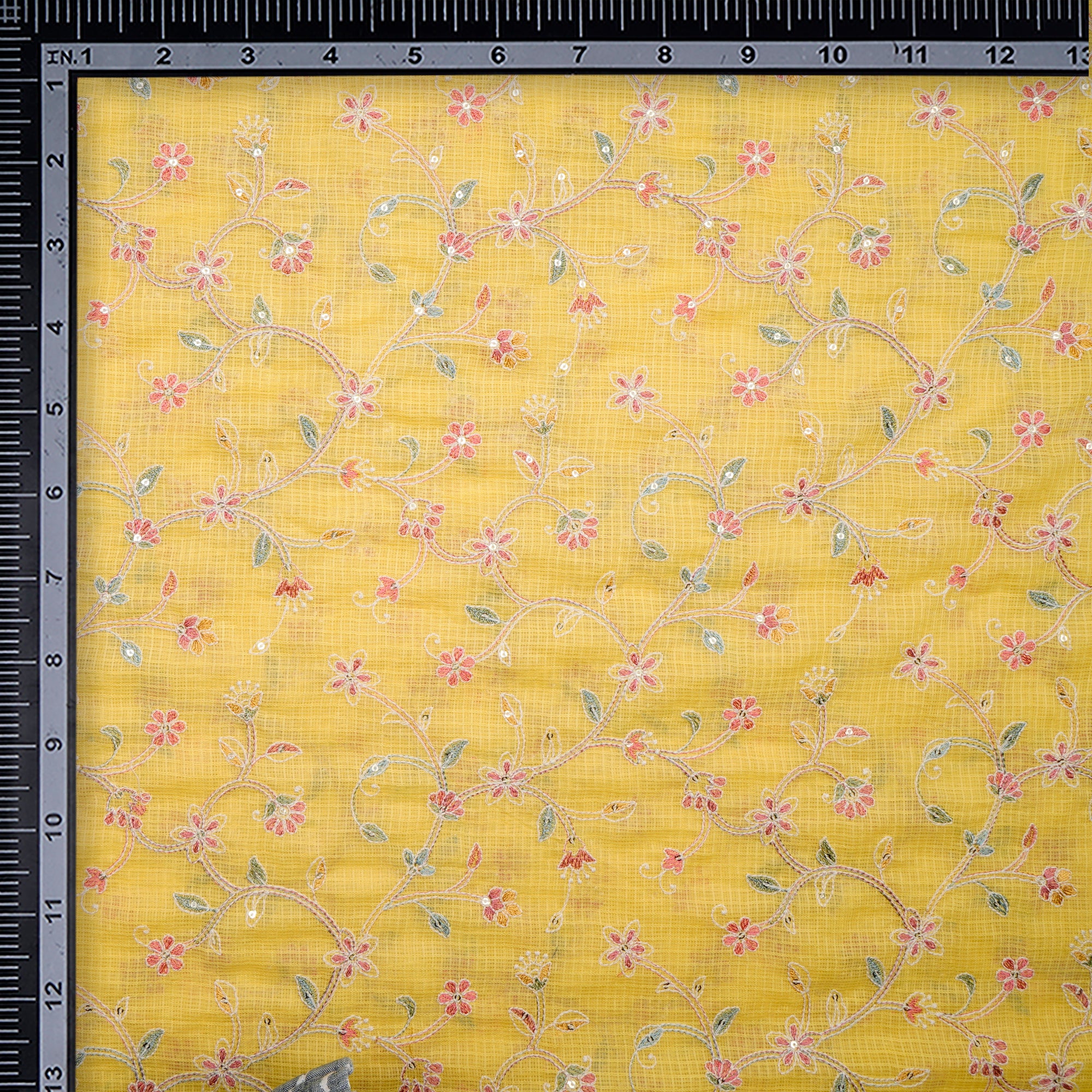 Light Yellow Floral Pattern Thread Embroidered Kota Chanderi Silk Fabric