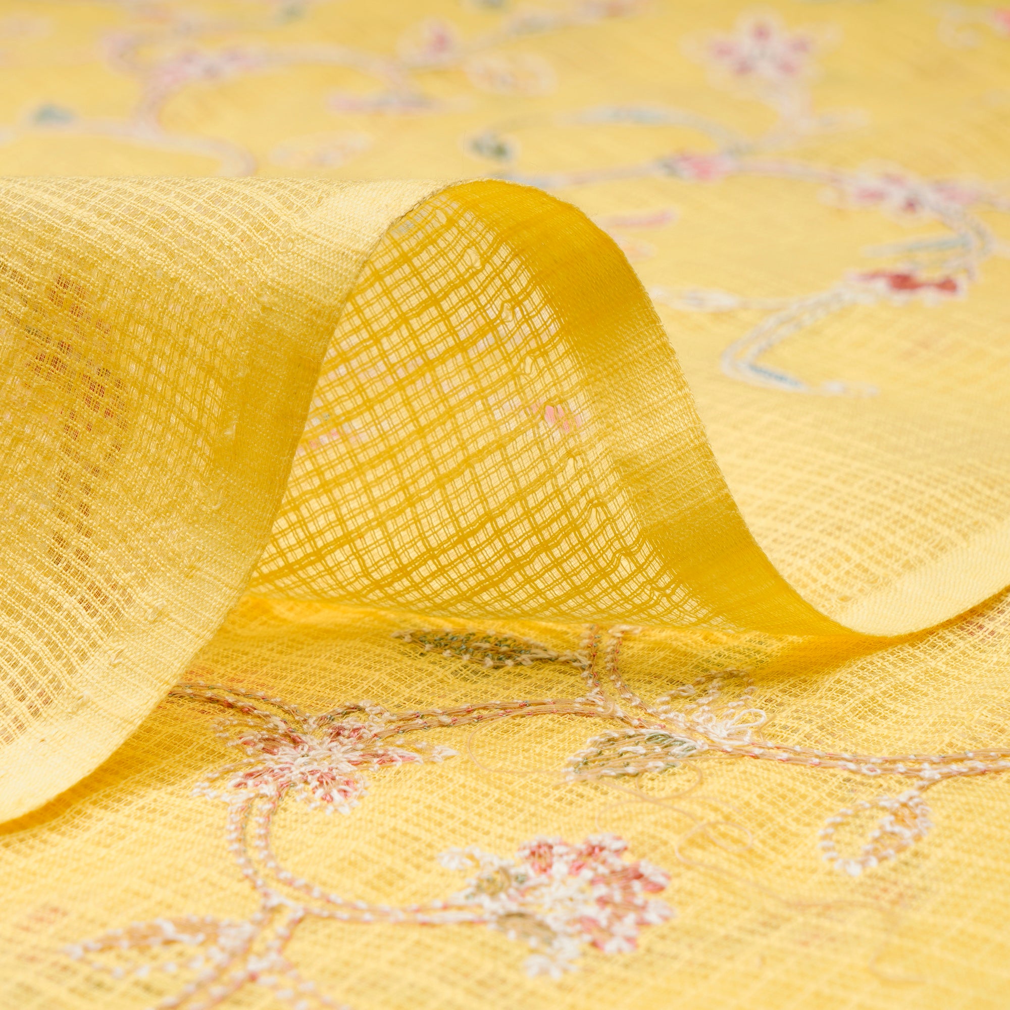 Light Yellow Floral Pattern Thread Embroidered Kota Chanderi Silk Fabric