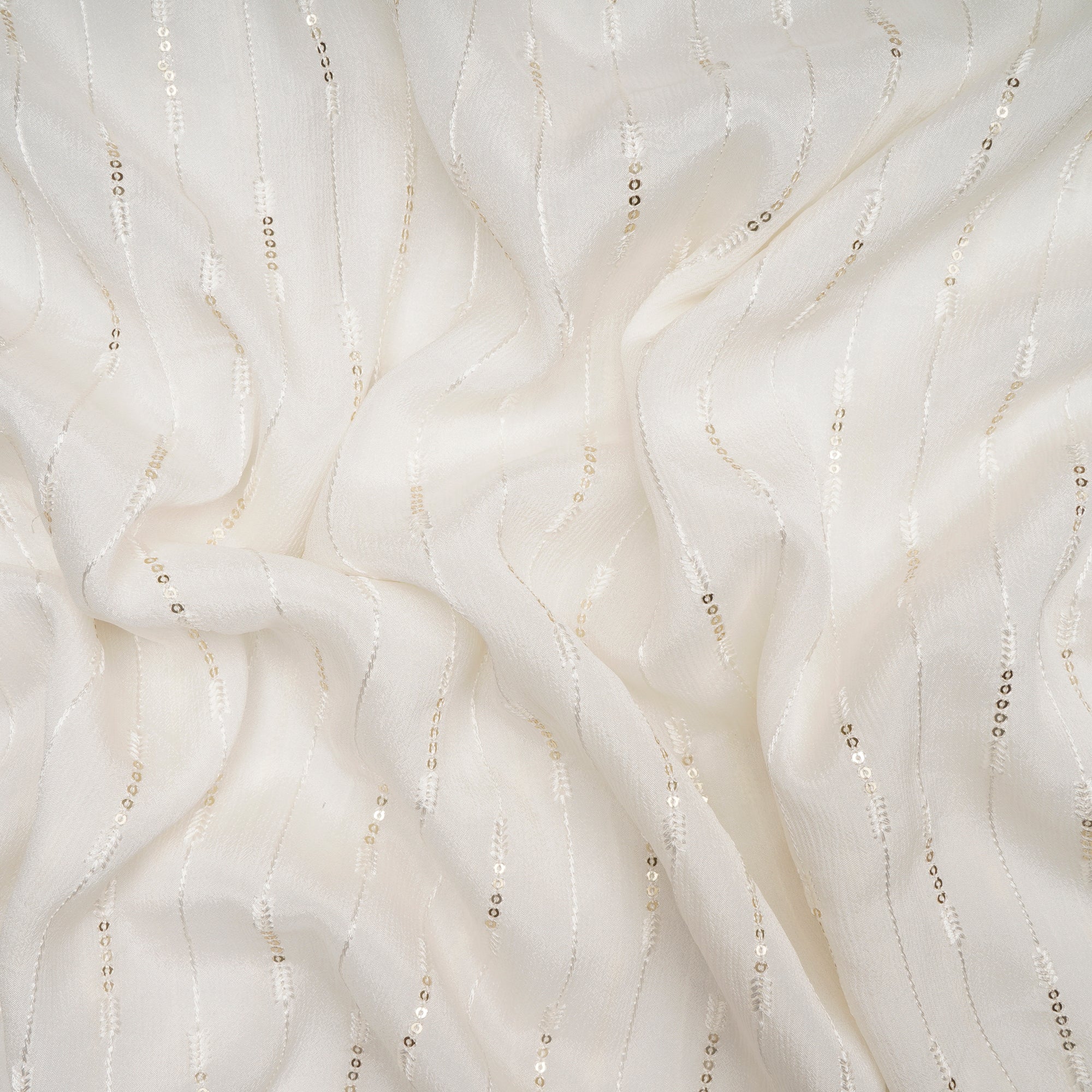 White Dyeable Stripe Pattern Thread & Sequin Embroidered Wrinkle Chinnon Fabric