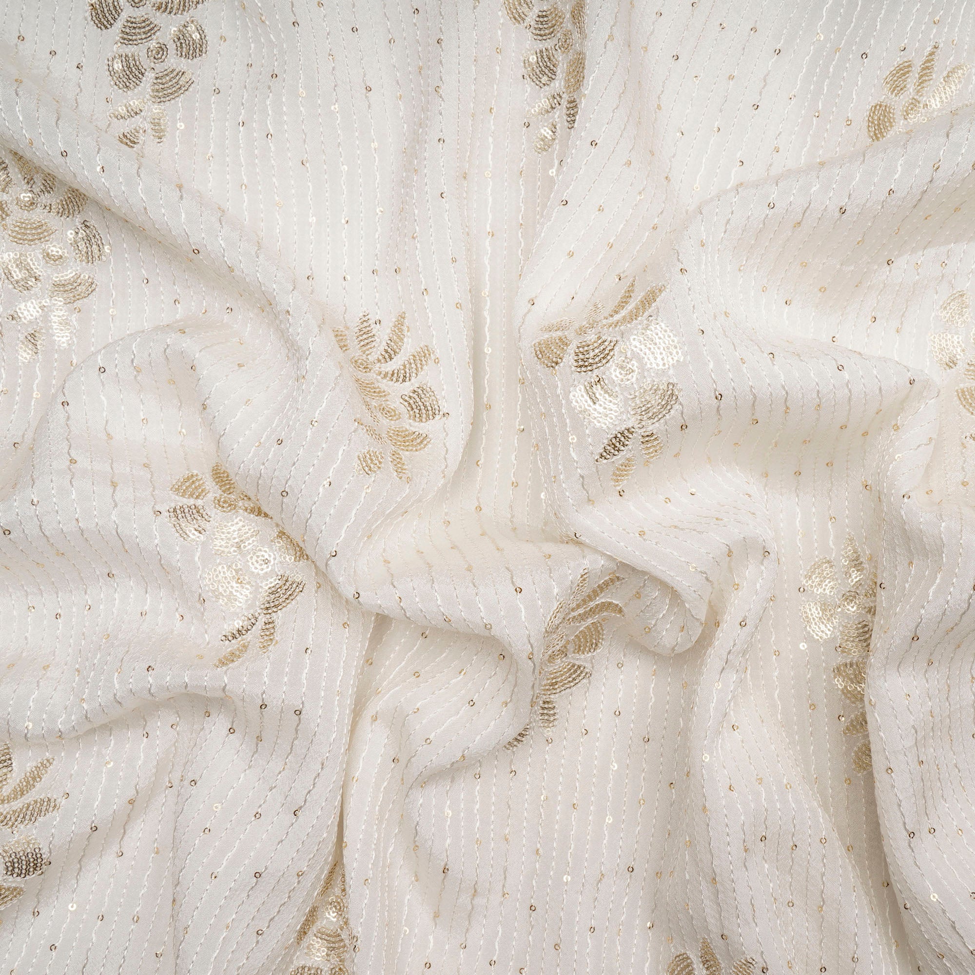 White Motif Pattern Thread & Sequin Embroidered Wrinkle Chinnon Fabric