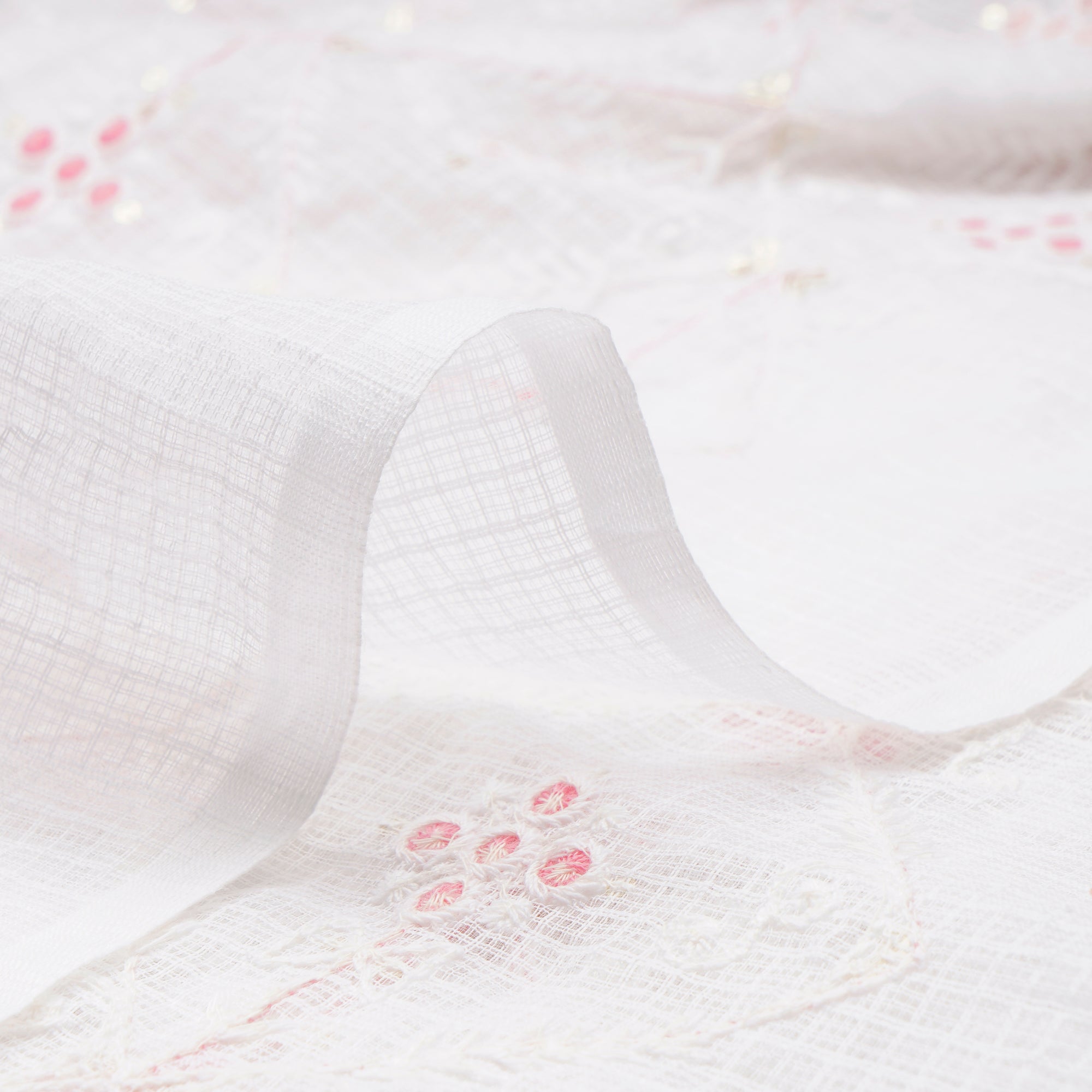 White-Pink All-Over Pattern Thread and Sequins Embroidered Kota Cotton Fabric