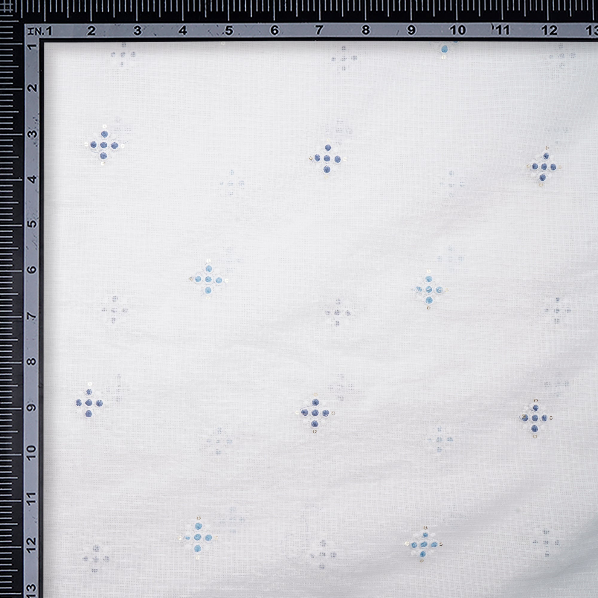 White-Blue All-Over Pattern Thread and Sequins Embroidered Kota Cotton Fabric