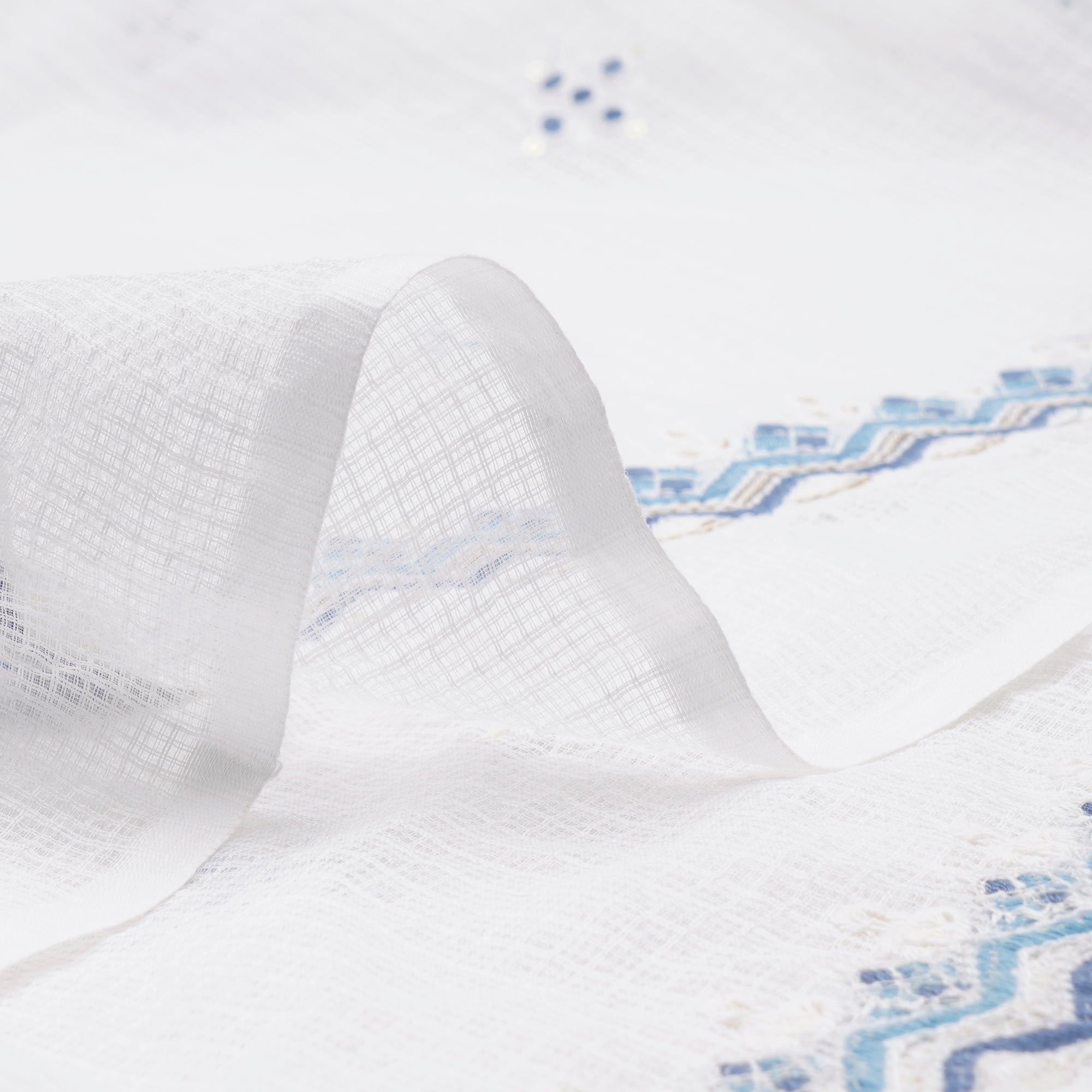 White-Blue All-Over Pattern Thread and Sequins Embroidered Kota Cotton Fabric