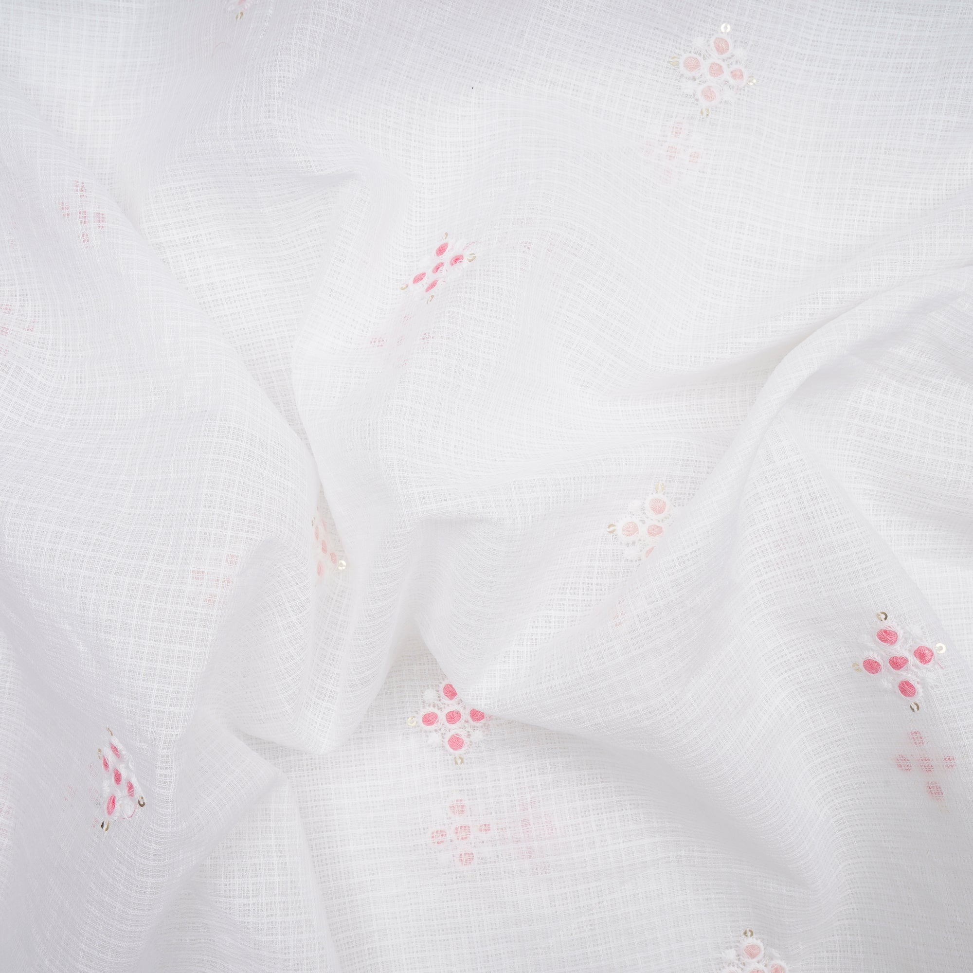 White-Pink All-Over Pattern Thread and Sequins Embroidered Kota Cotton Fabric