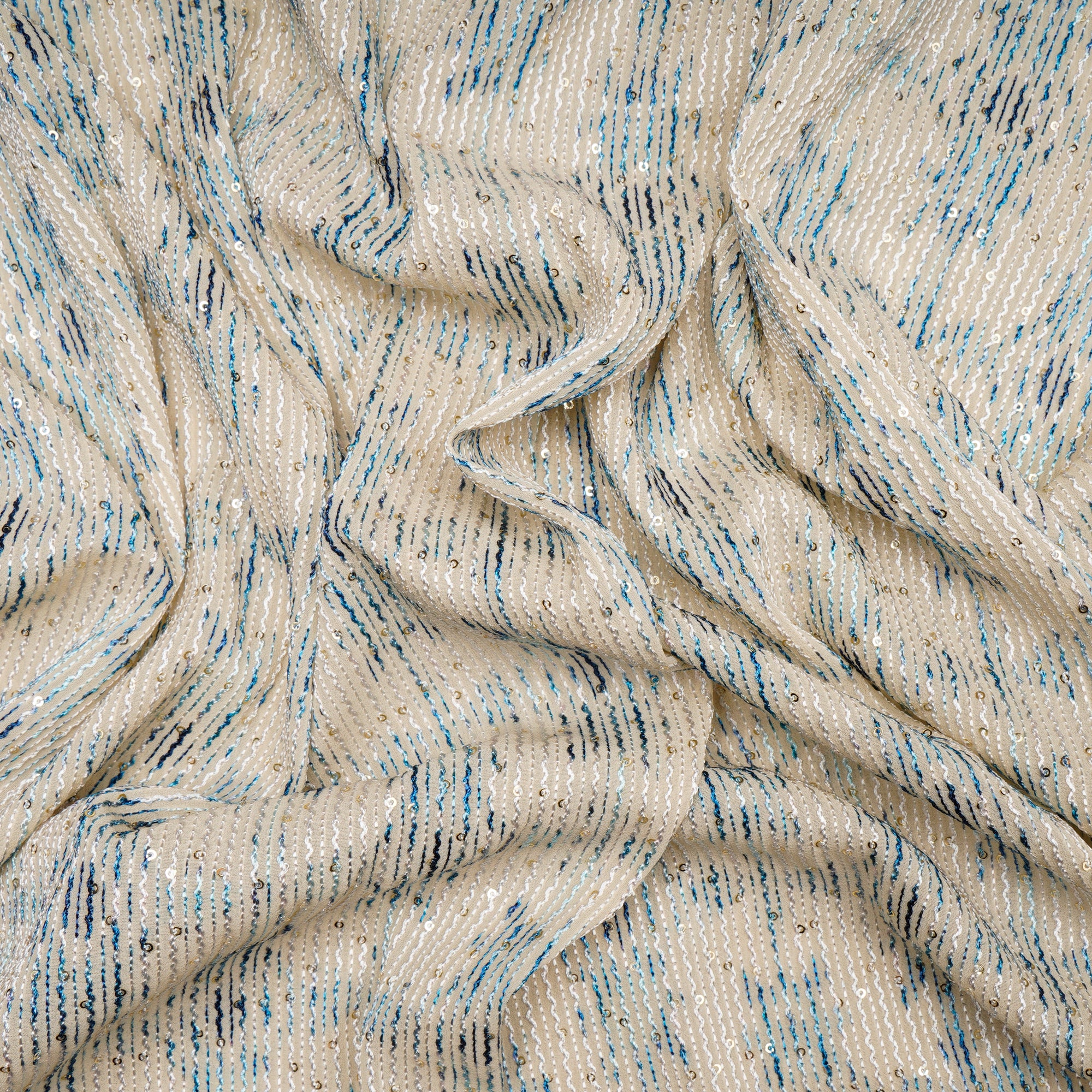 Beige-Blue Strip Pattern Thread & Sequin Embroidered Polyester Georgette Fabric