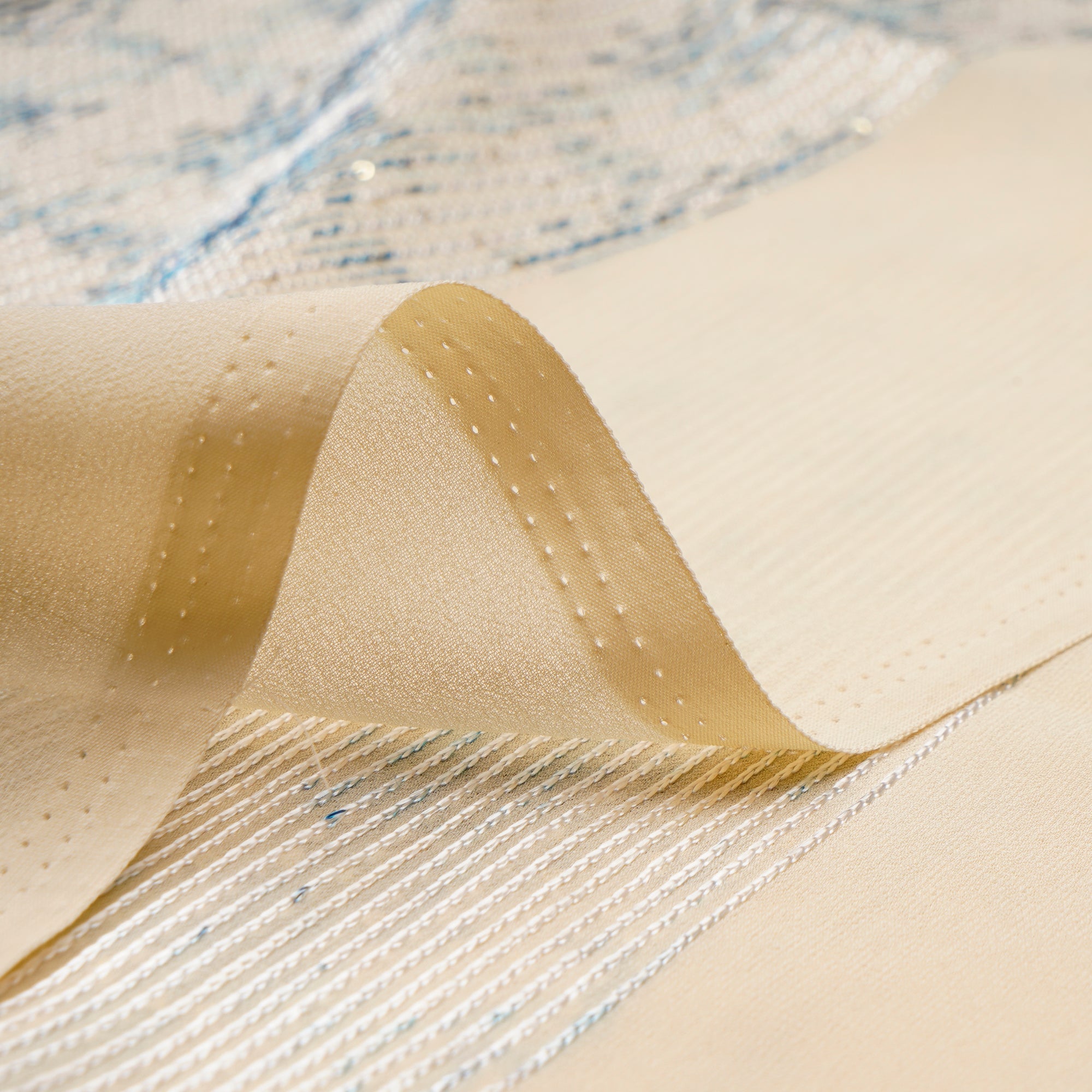 Beige-Blue Strip Pattern Thread & Sequin Embroidered Polyester Georgette Fabric