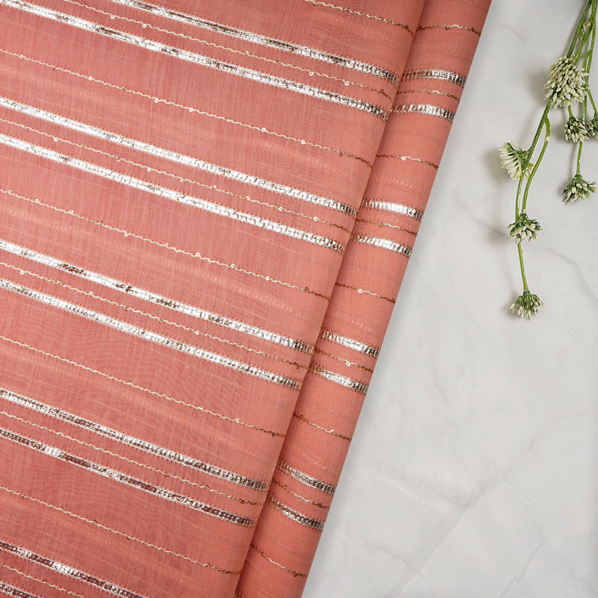 Burnt Coral-Gold Stripe Pattern Thread Embroidered Chanderi Fabric