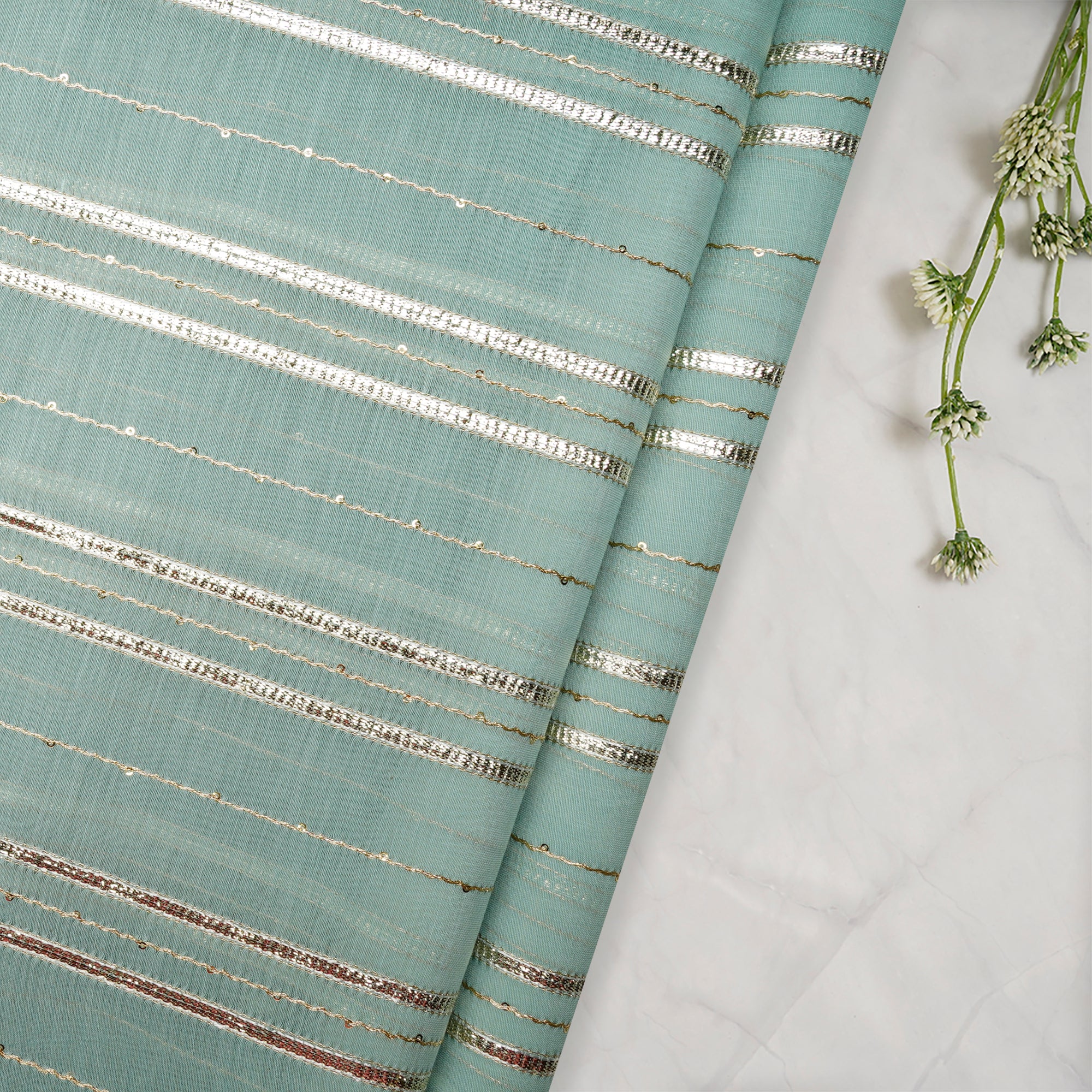 Gossamer Green-Gold Stripe Pattern Thread Embroidered Chanderi Fabric