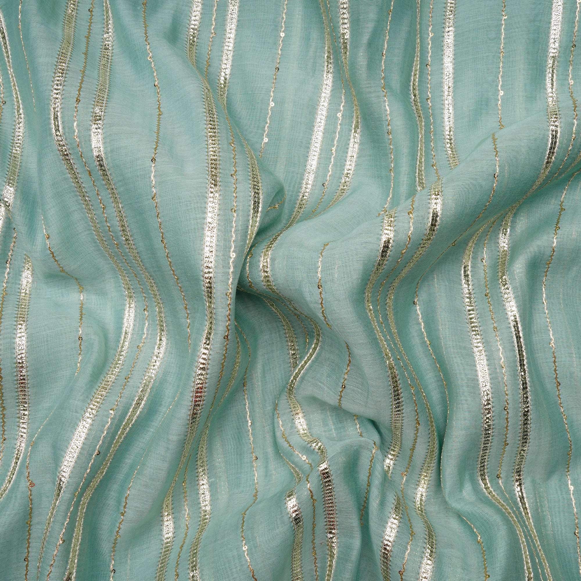 Gossamer Green-Gold Stripe Pattern Thread Embroidered Chanderi Fabric