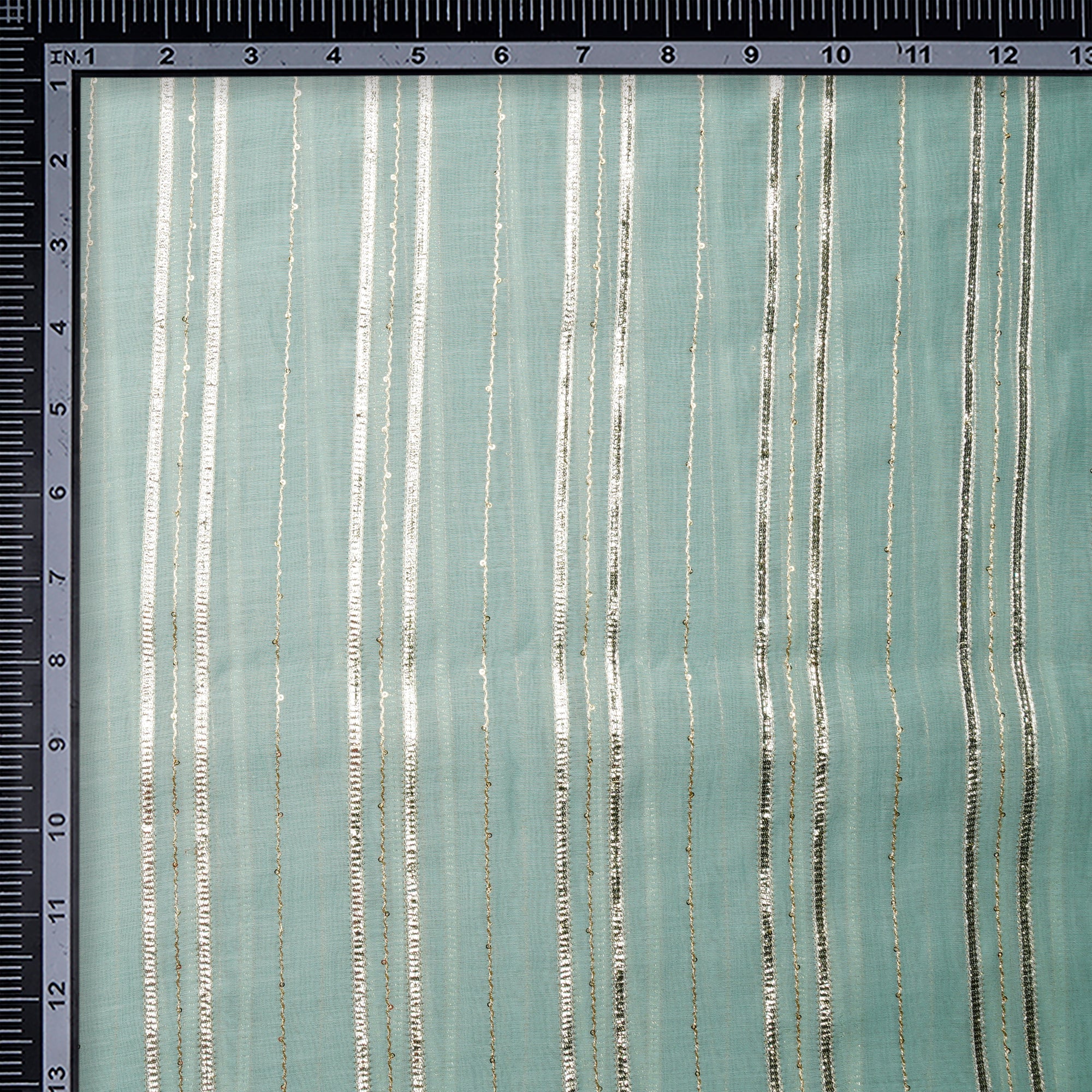 Gossamer Green-Gold Stripe Pattern Thread Embroidered Chanderi Fabric