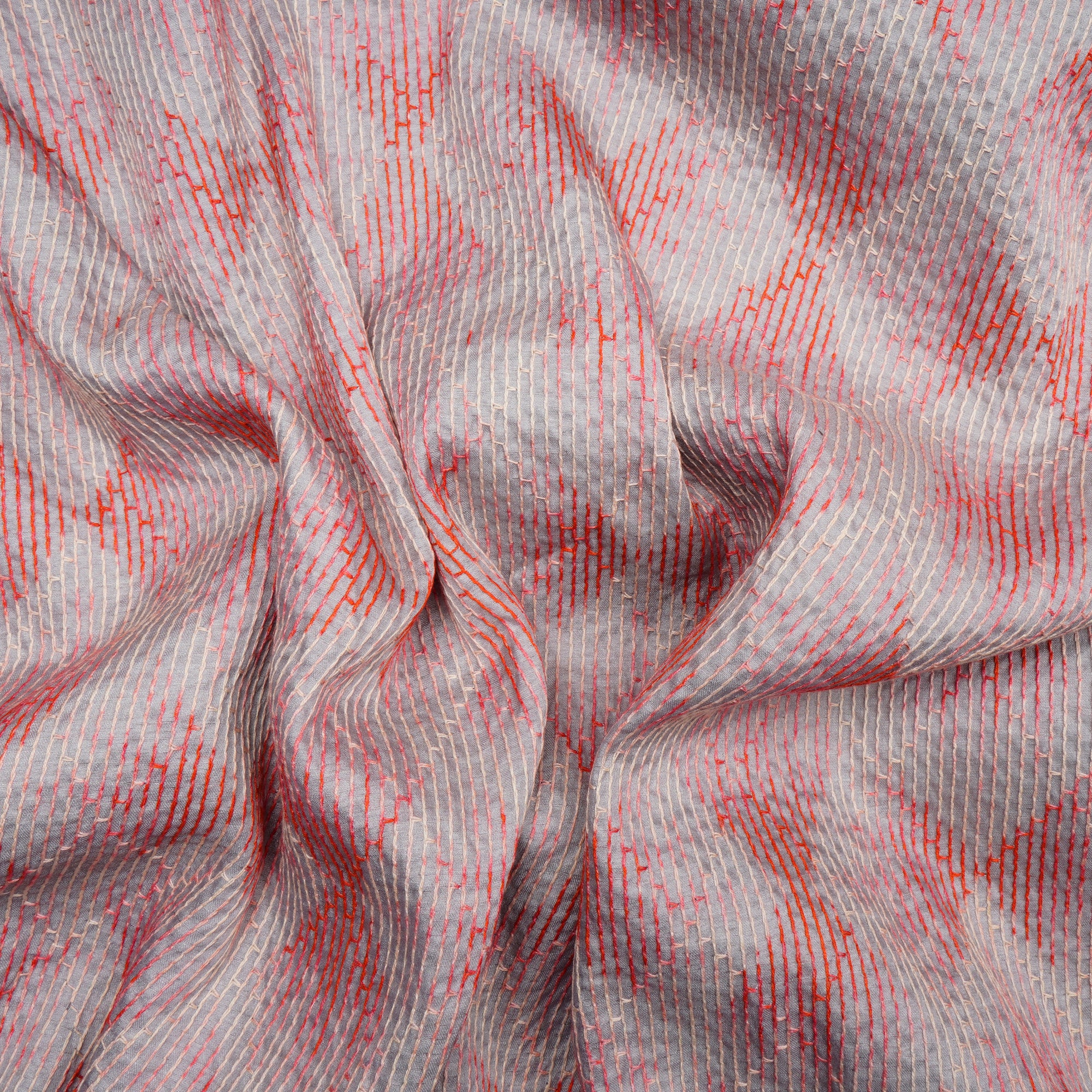 Grey-Pink Geomtric Pattern Thread Embroidered Viscose Tusser Fabric