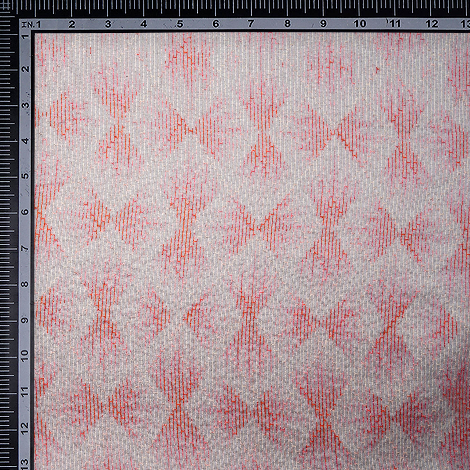 Grey-Pink Geomtric Pattern Thread Embroidered Viscose Tusser Fabric