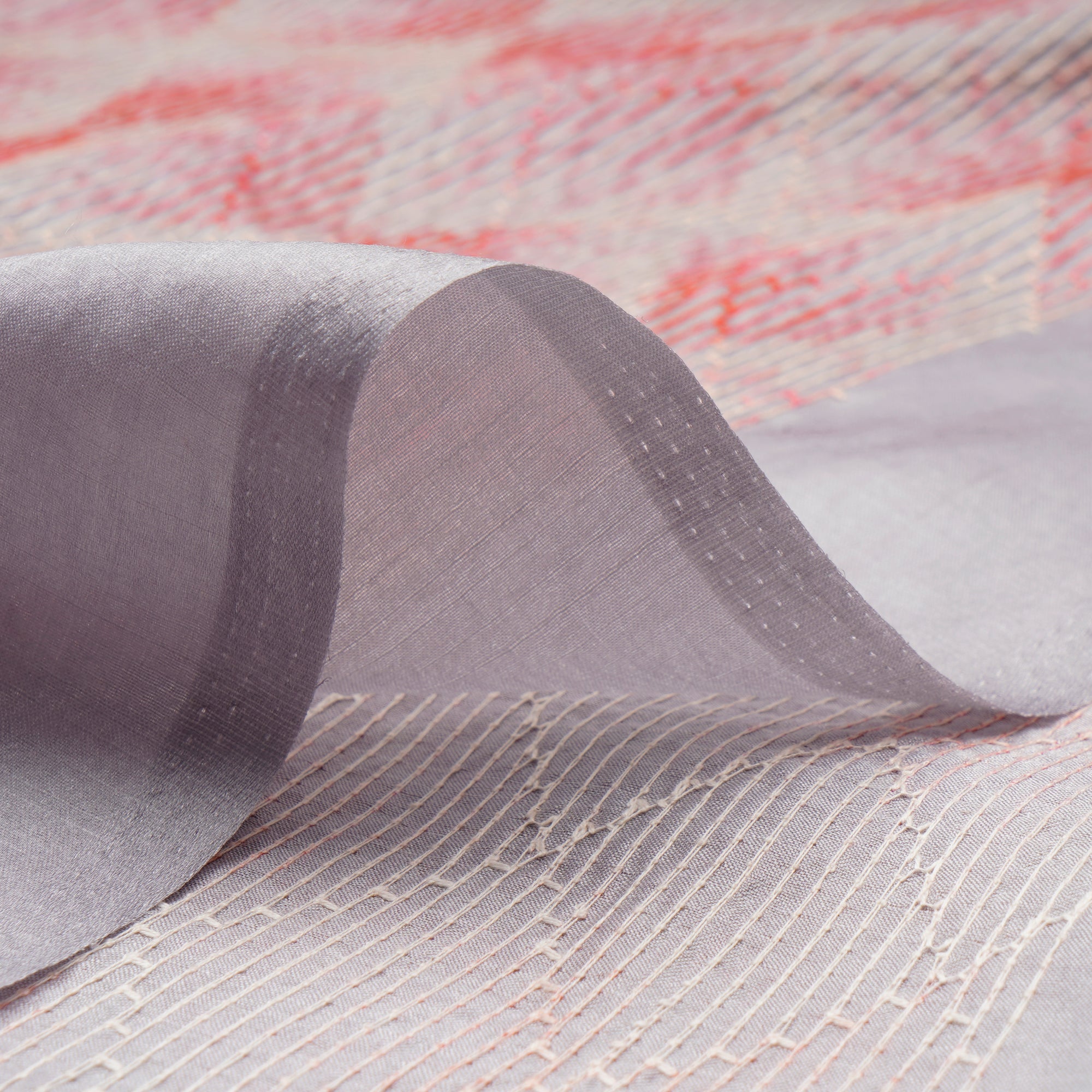 Grey-Pink Geomtric Pattern Thread Embroidered Viscose Tusser Fabric