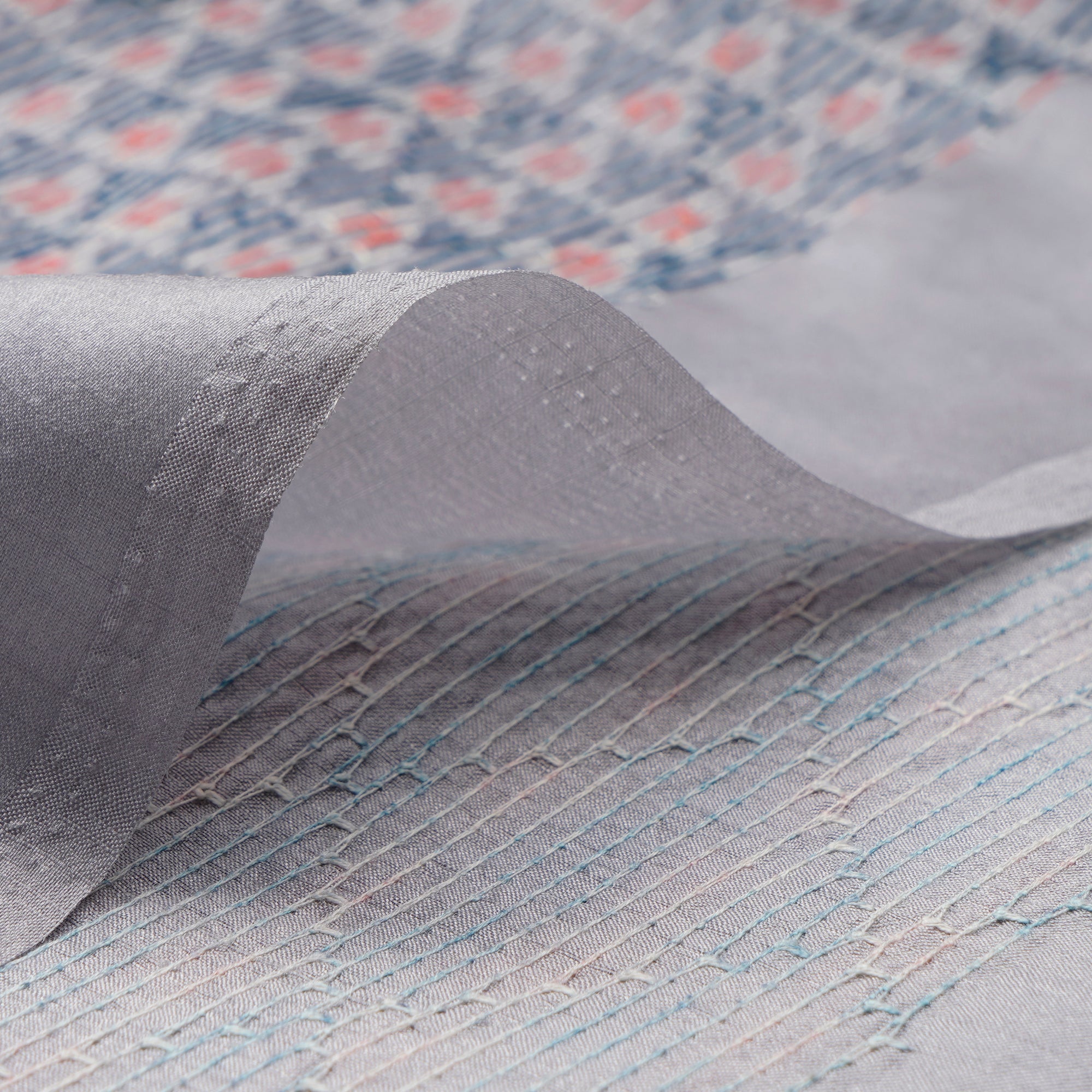 Grey-Multi Geometric Pattern Thread Embroidered Visocse Tusser Fabric