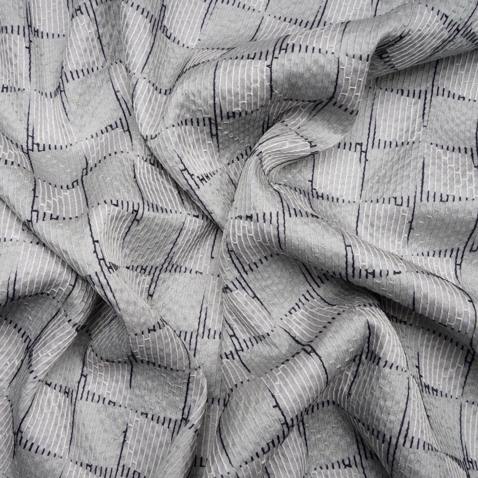 Grey-White Geometric Pattern Thread Embroidered Viscose Tusser Fabric