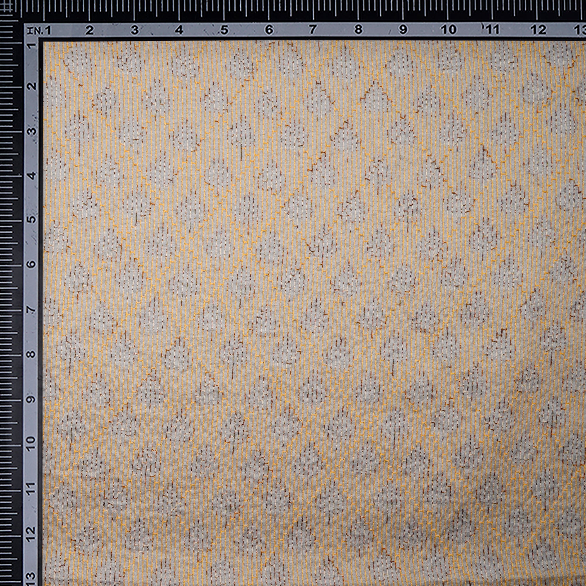 Grey-Yellow Geometric Pattern Thread Embroidered Viscose Tusser Fabric