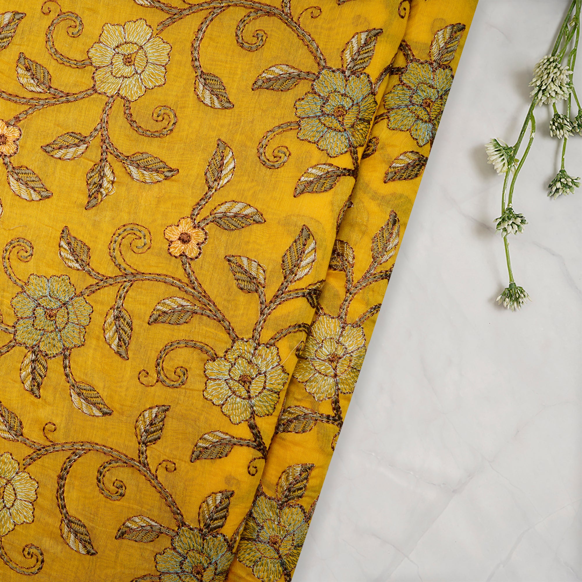 Musturd Floral Pattern Thread Embroidered Pure Chanderi Fabric