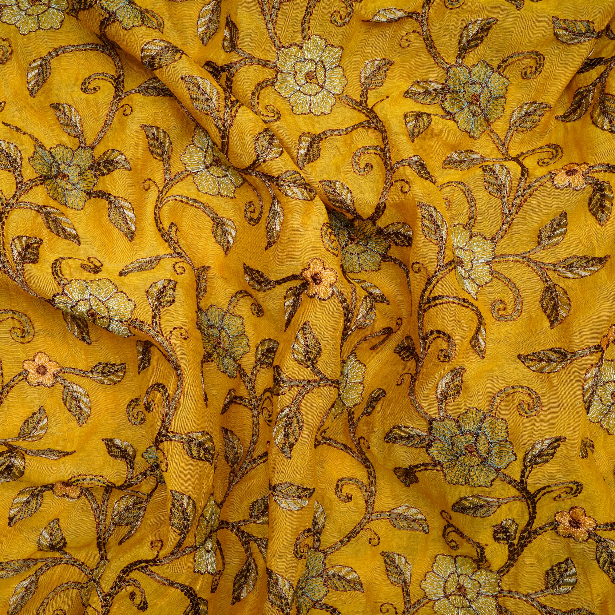 Musturd Floral Pattern Thread Embroidered Pure Chanderi Fabric