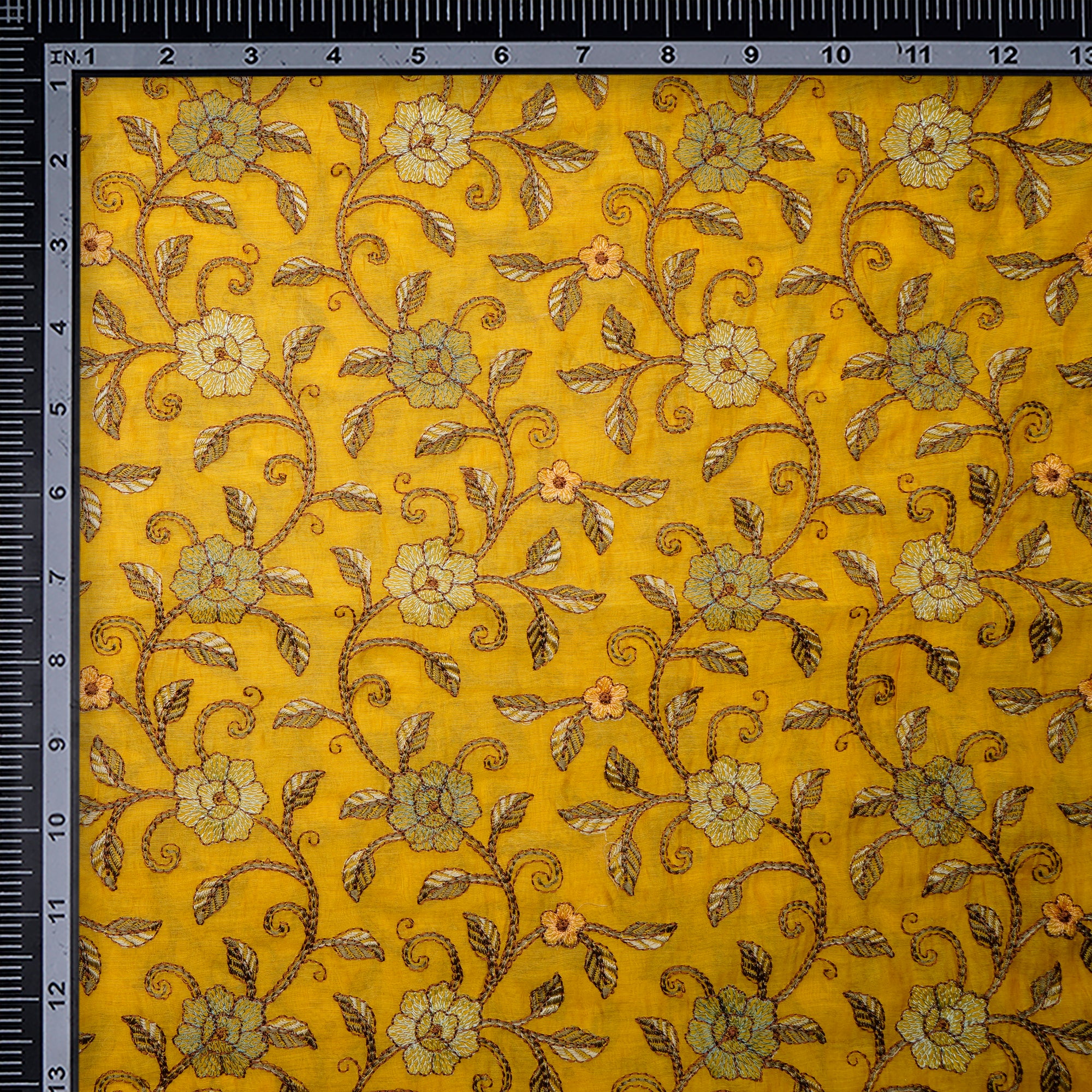 Musturd Floral Pattern Thread Embroidered Pure Chanderi Fabric