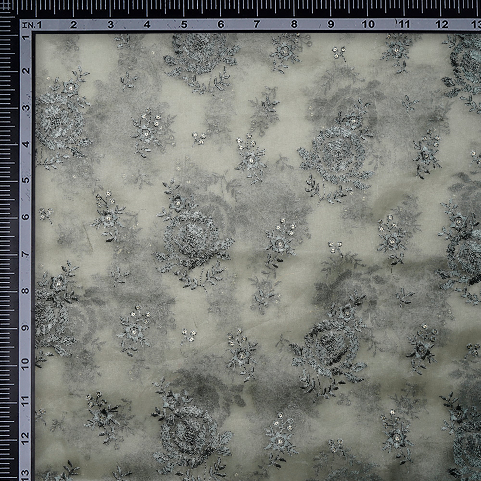Forest Fog Floral Pattern Thread & Sequins Embroidered Organza Silk Fabric