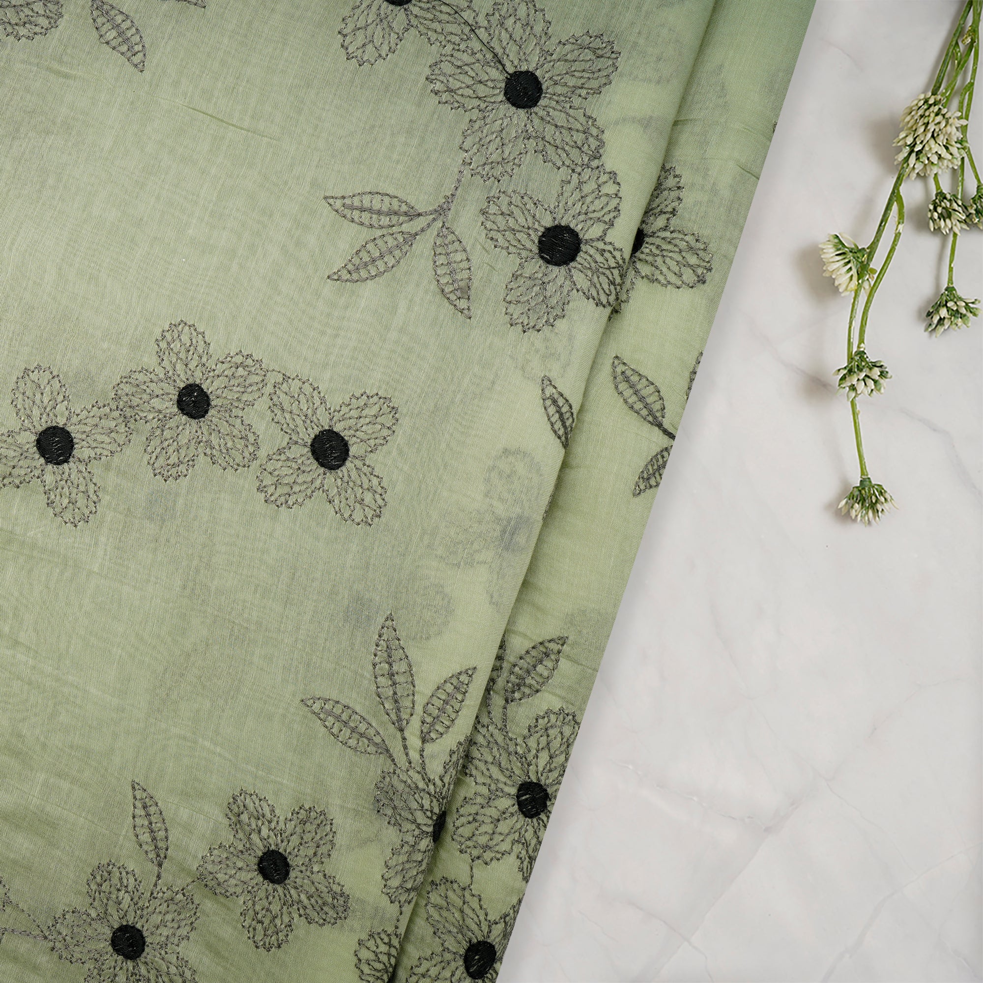 Pastel Green Floral Pattern Thread Embroidered Pure Chanderi Fabric