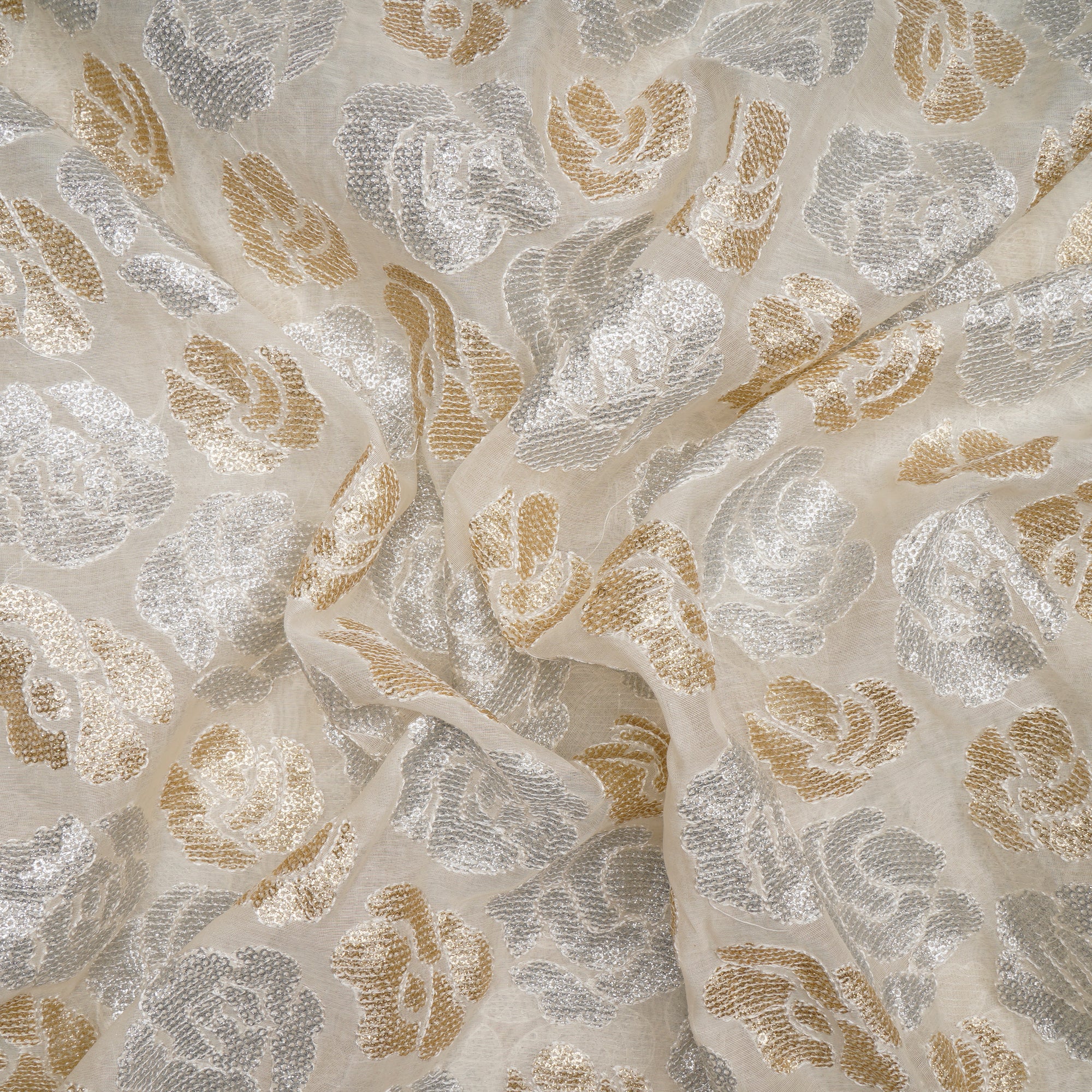Off White Floral Pattern Embroidered Chanderi Silk Fabric