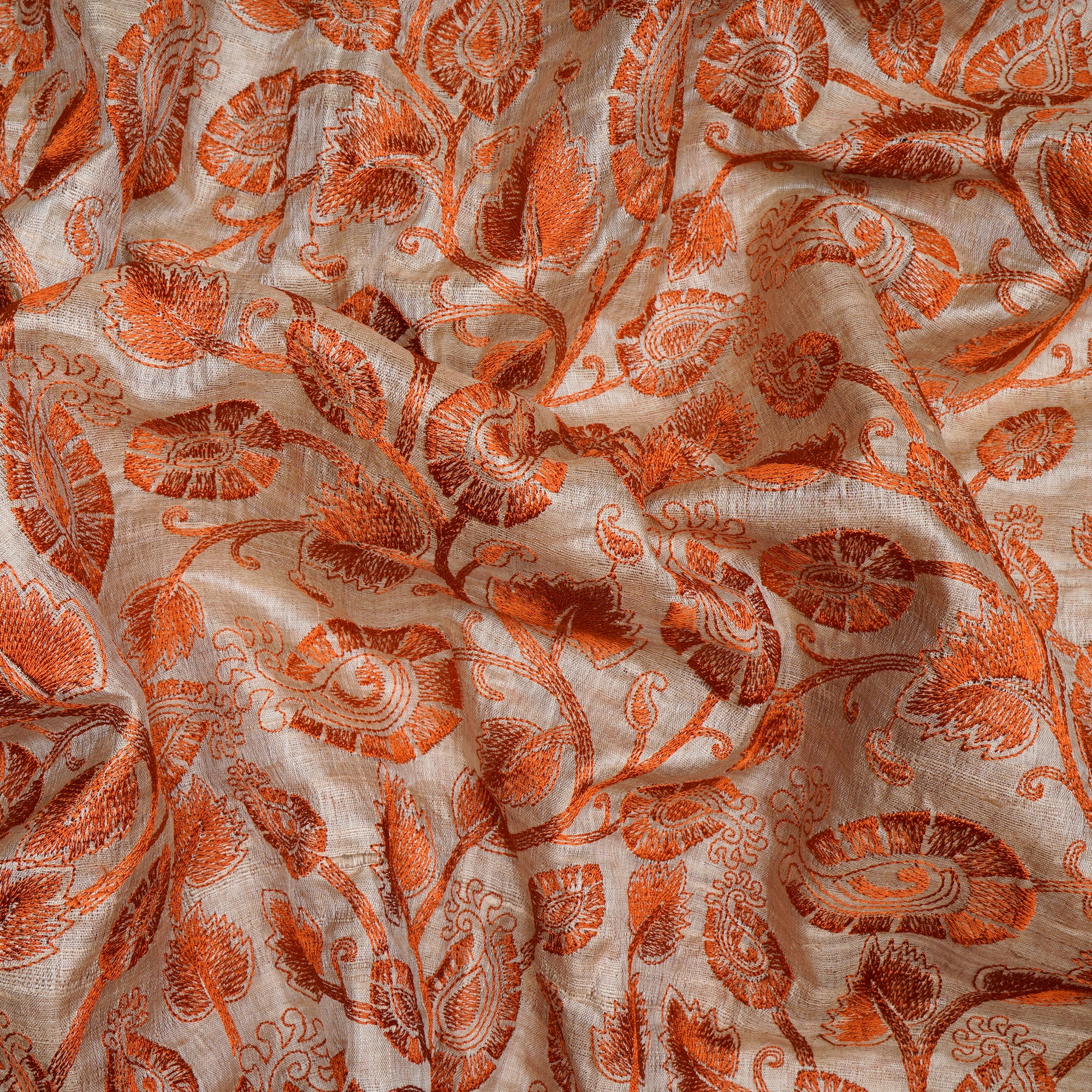 Beige-Orange Floral Pattern Thread Embroidered Tusser Fabric