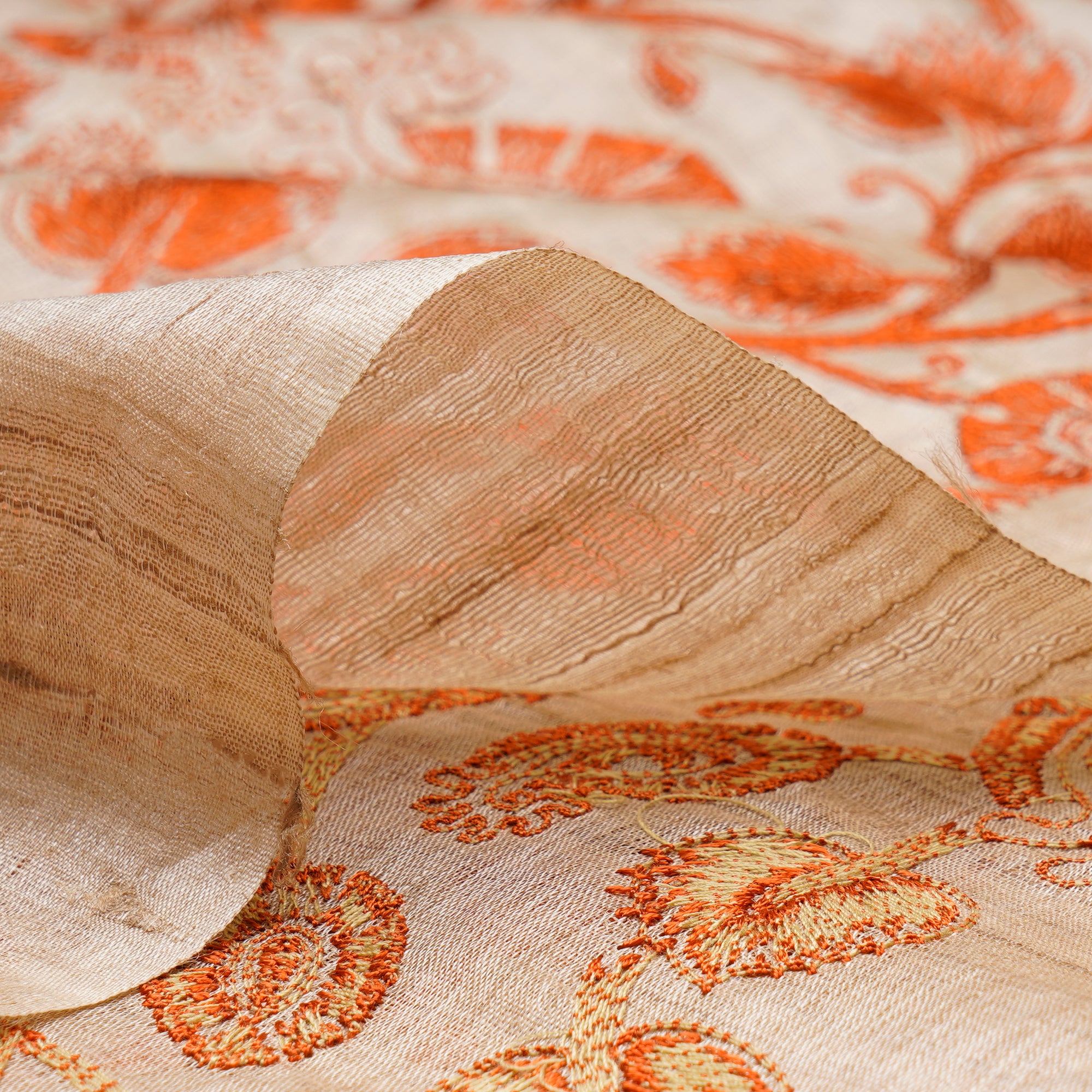 Beige-Orange Floral Pattern Thread Embroidered Tusser Fabric