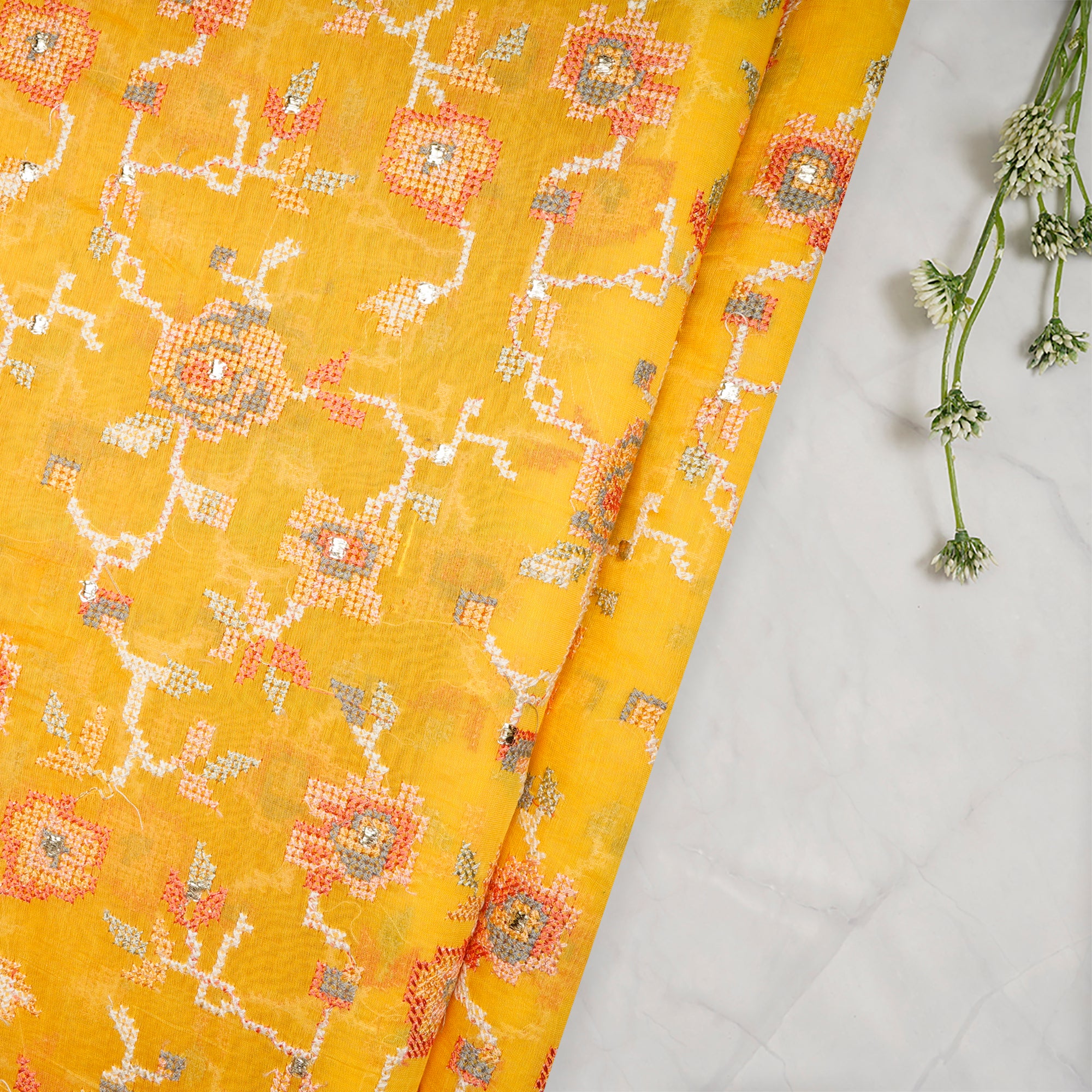 Yellow All Over Cross Stitch Pattern Thread Embroidered Pure Chanderi Fabric